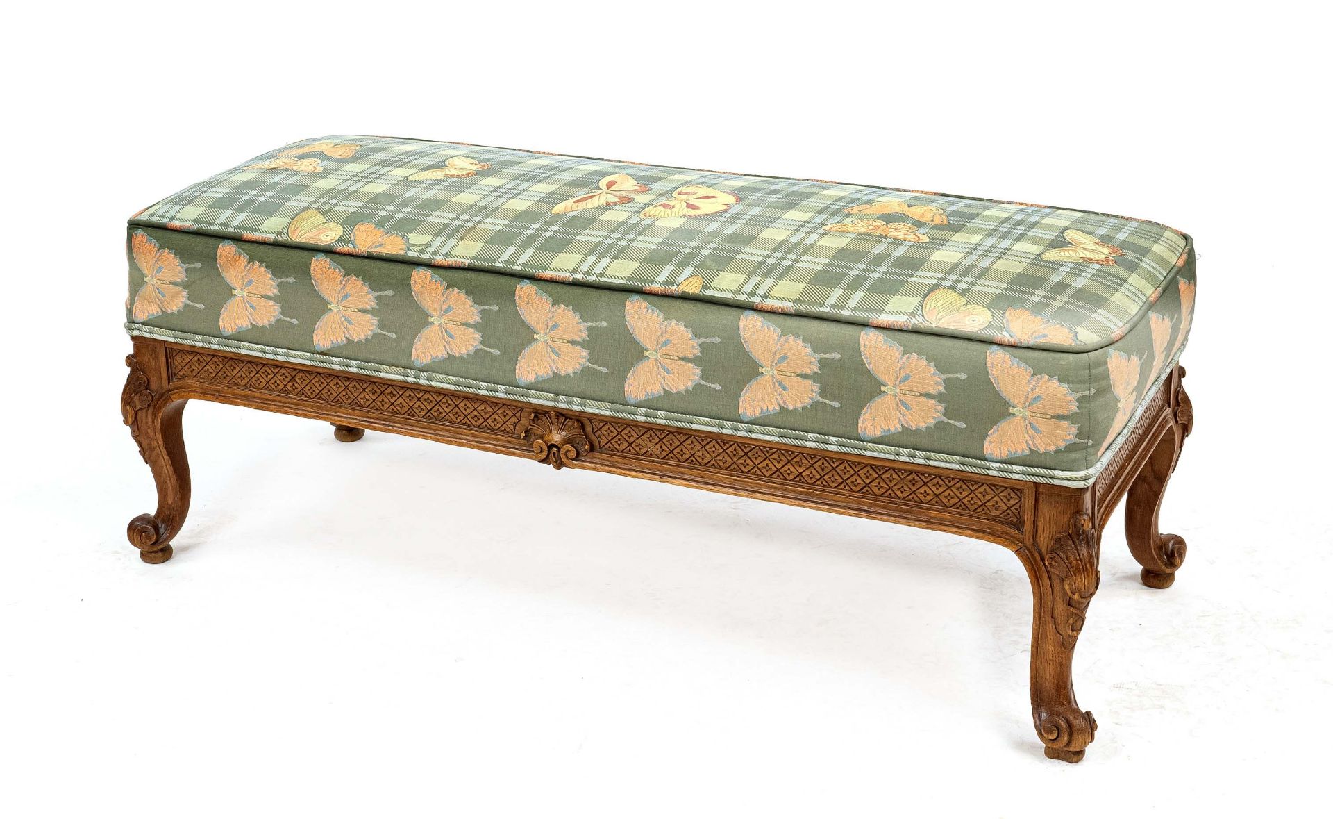 Bench in baroque style, 20th century, solid oak, carved all around, 45 x 120 x 49 cm