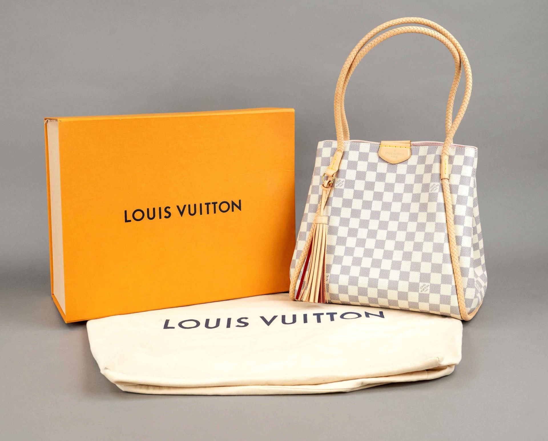 Louis Vuitton, Propriano Damier Azur Canvas Bag, cream white and blue checkered rubberized cotton