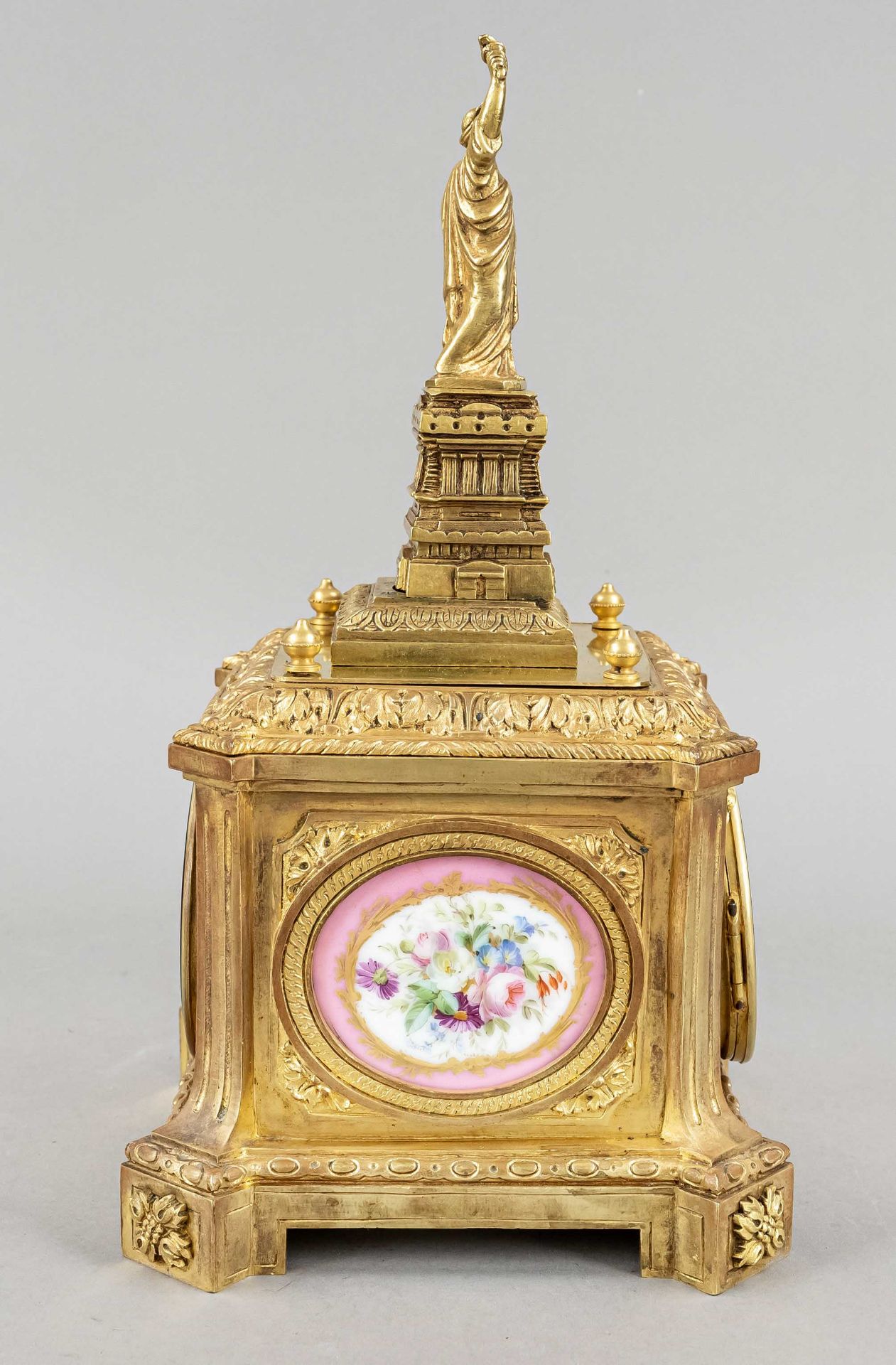 qudratic figure pendulum, with statue of joy, 2nd half of 19th century, case decorated with leaves - Image 2 of 3