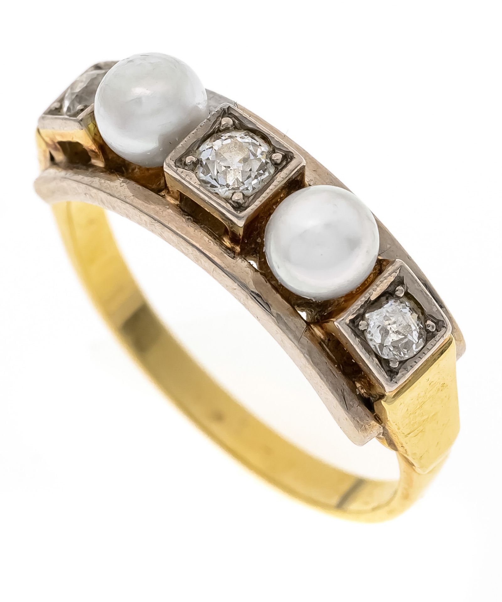 Diamond-pearl ring GG 585/000 with two cultured pearls 4.2 mm and three old-cut diamonds, total 0.23