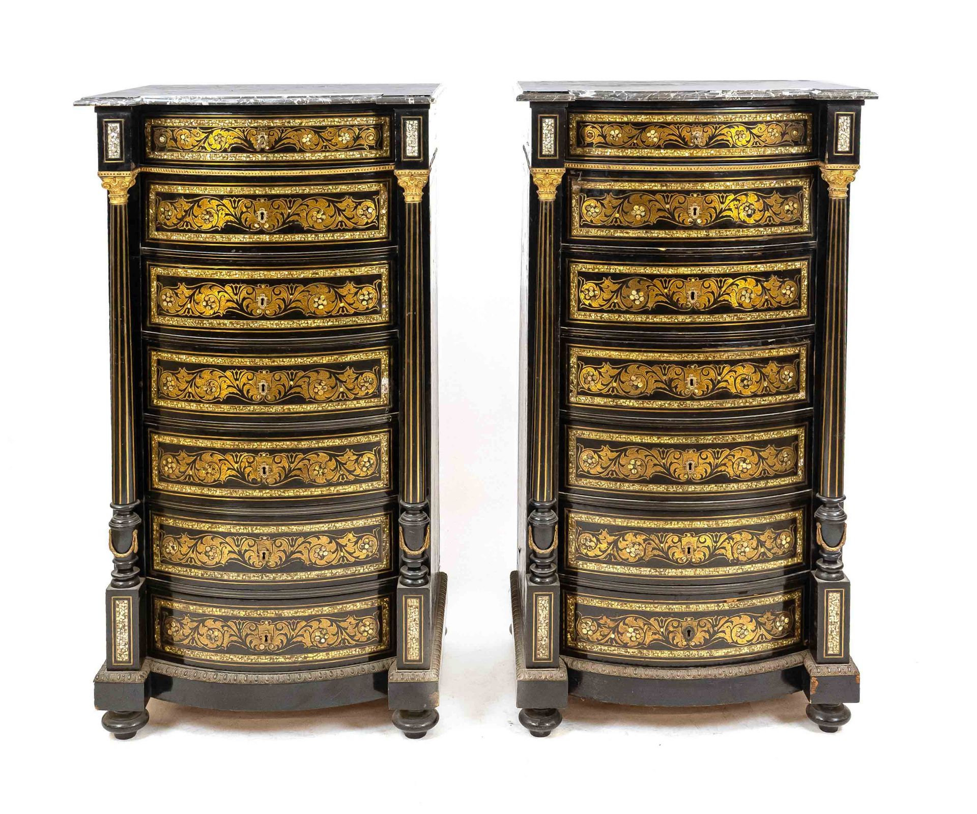 Pair of chiffroniers, 19th c., black lacquered wood, brass and mother-of-pearl inlays on the