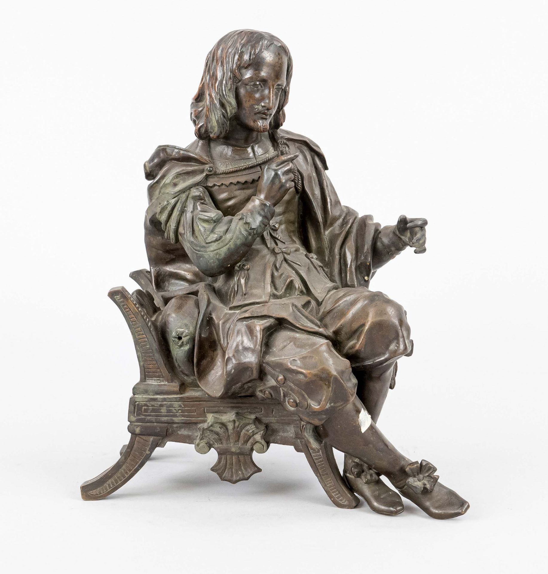 French sculptor of the 19th c., seated poet/artist in luxuriant 17th c. clothes, patinated bronze,