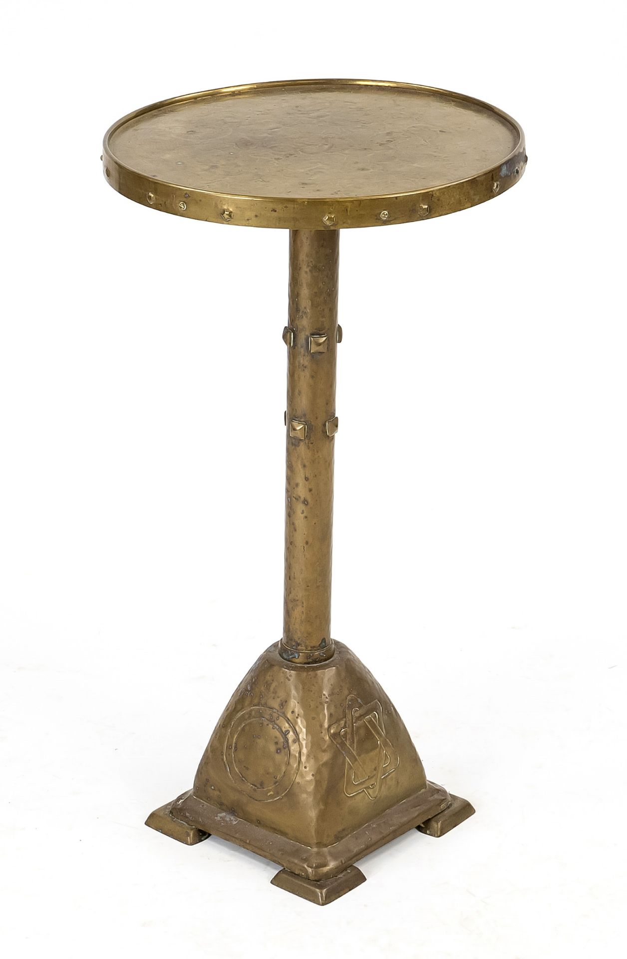 Occult art nouveau side table, brass, around 1900. four-piece base with large symbols, shaft with