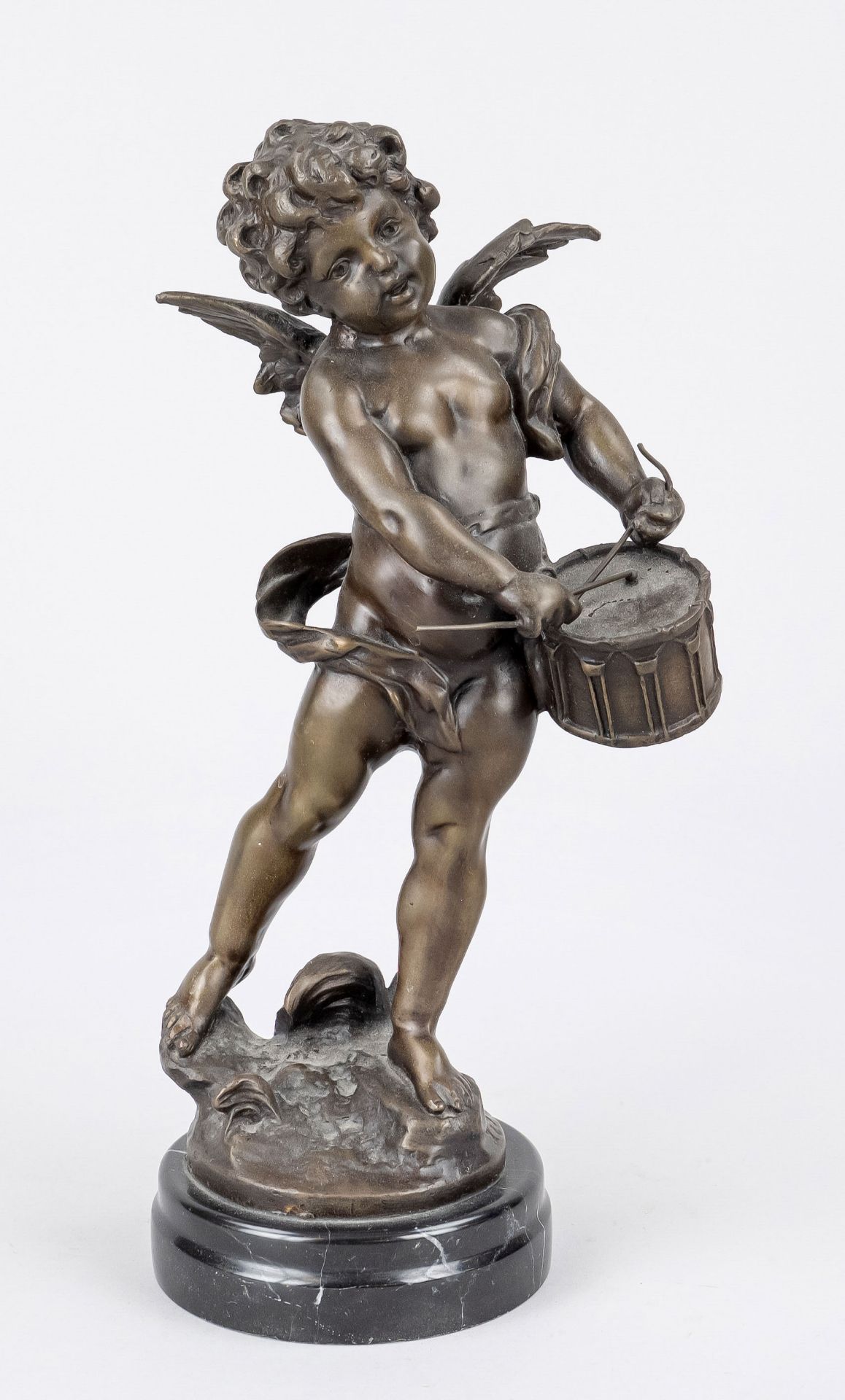 L.F. Moreau, french sculptor of the 19th century, standing putto with drum, patinated bronze on