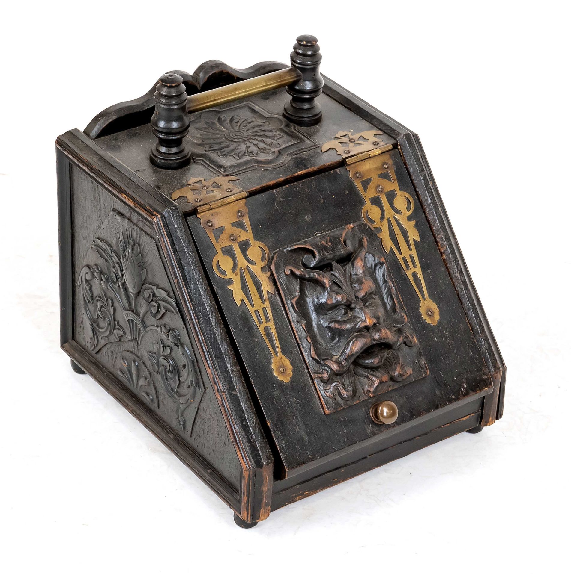 Coal bucket, end of 19th c., wooden box with beveled hinged lid on 4 small feet. Lid with carved