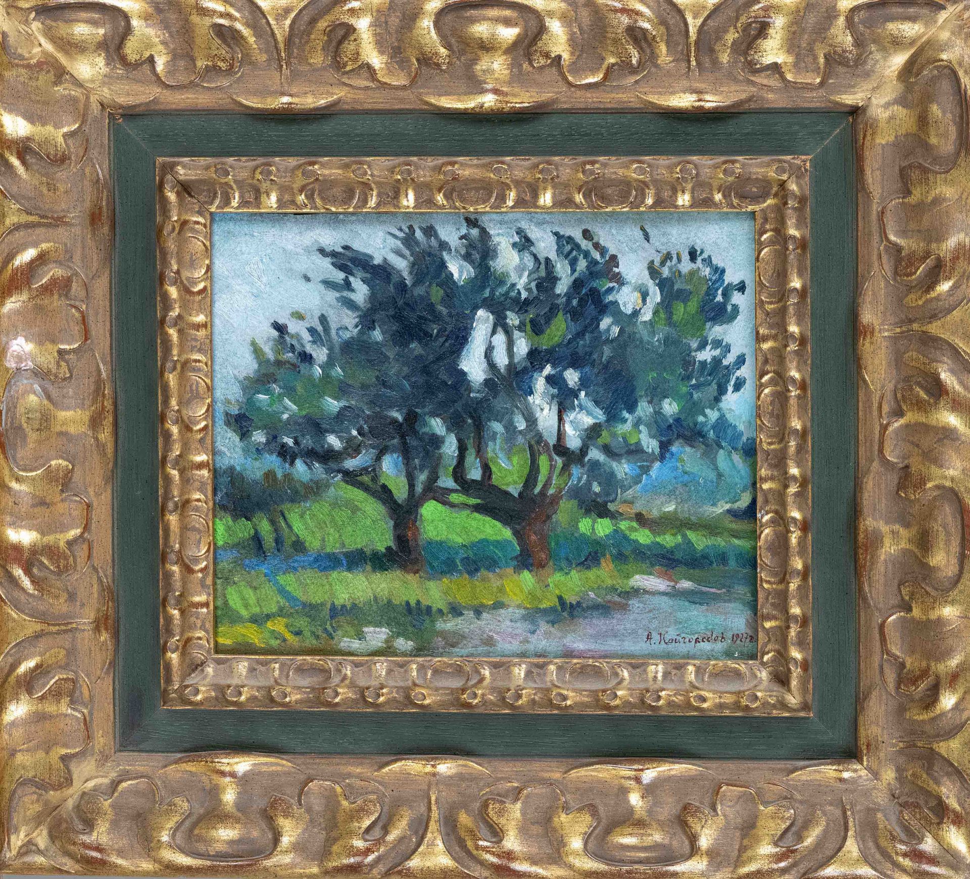 A. Kaigorodov, Russian painter 1st half 20th c., impressionistic tree study, oil on plywood,