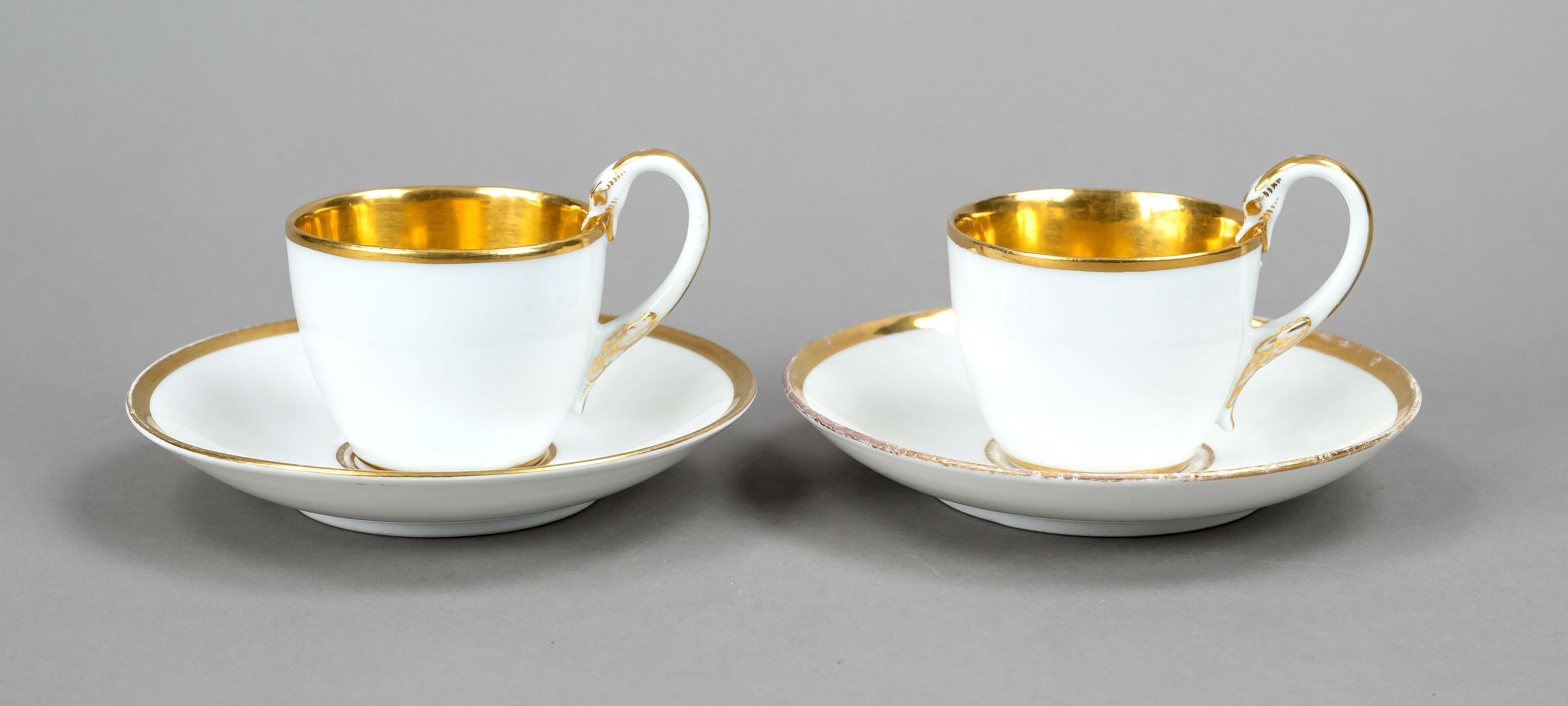 Two cups with saucer, Meissen, 19th century, swan neck handle, white with gold decoration, h. 8 cm