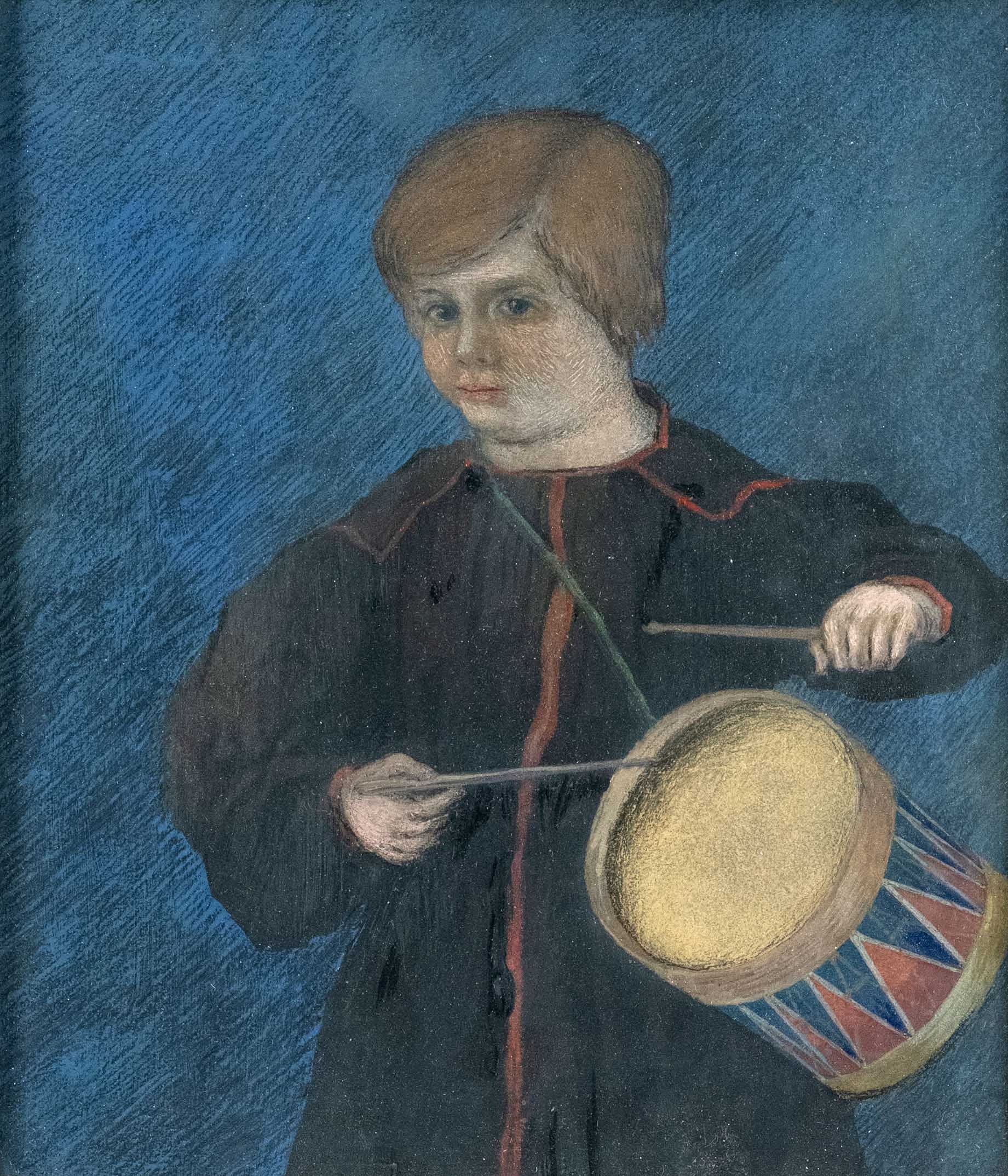 Anonymous artist of the 19th century, portrait of a boy with drum, color chalk and watercolor on