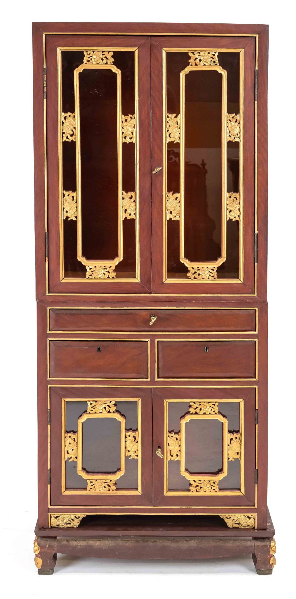 Chinese top cabinet, China, 20th century, reddish brown hardwood partly golden with carved floral