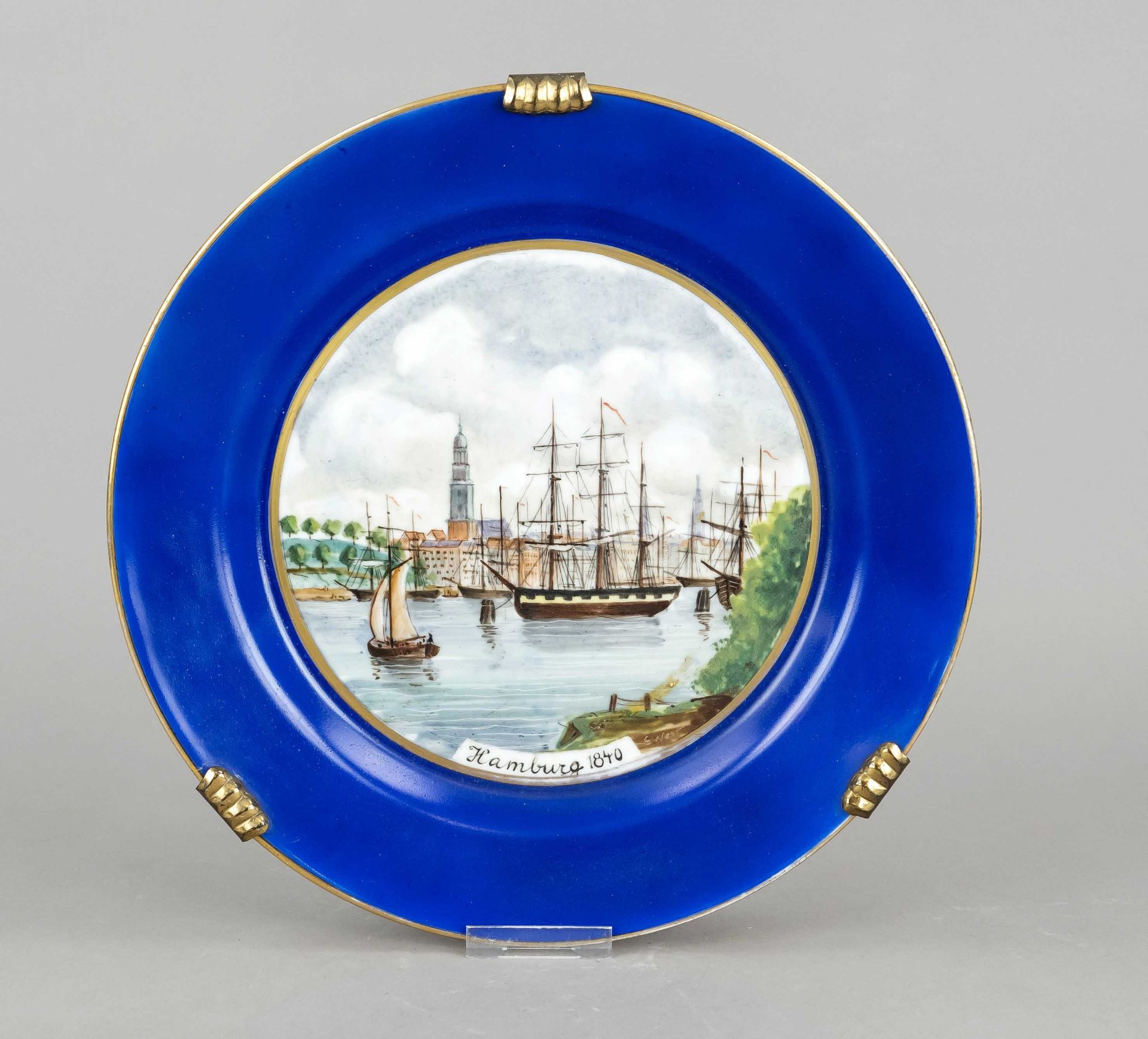 Plate, KPM Berlin, mark 1837-1844, 1st choice, polychrome painting with view of Hamburg harbor and