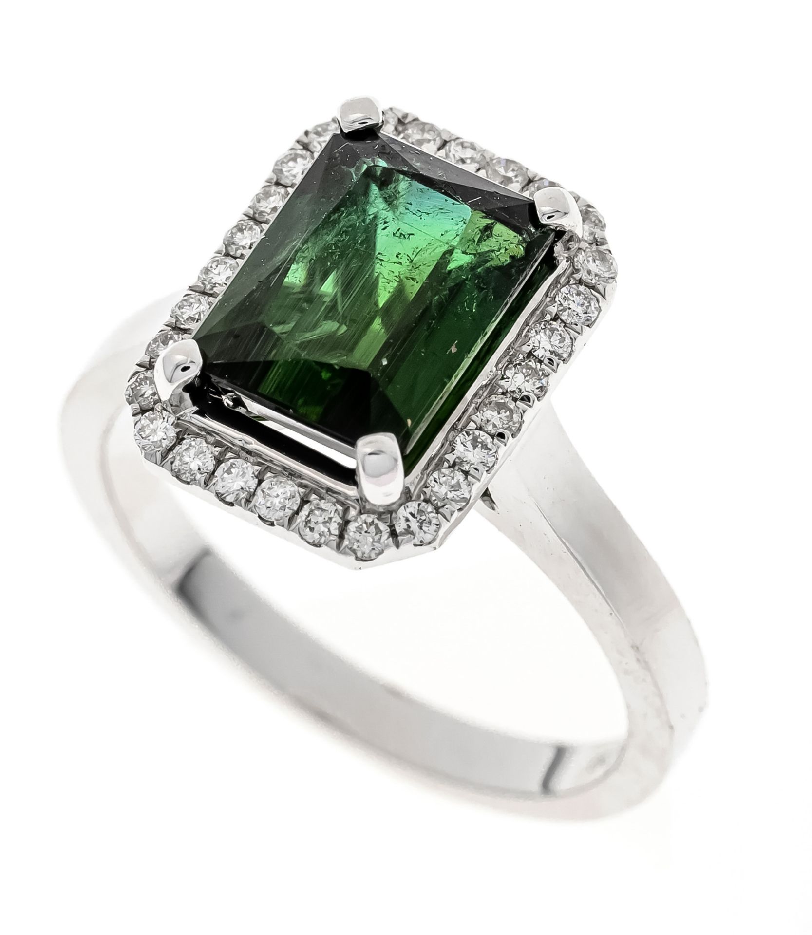 Tourmaline diamond ring WG 750/000 with one emerald cut faceted tourmaline 2,55 ct dark green (color