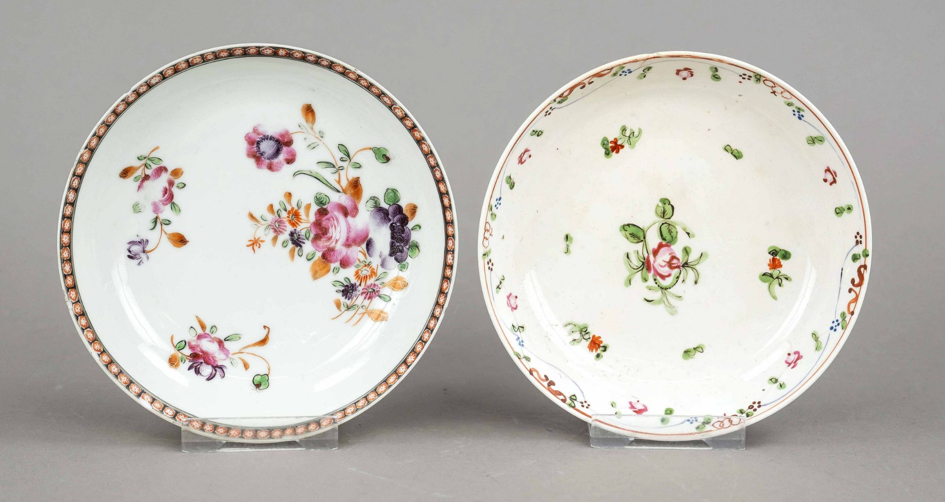 2 small export plates, Qing dynasty(1644-1912), 18th century, porcelain with polychrome glaze