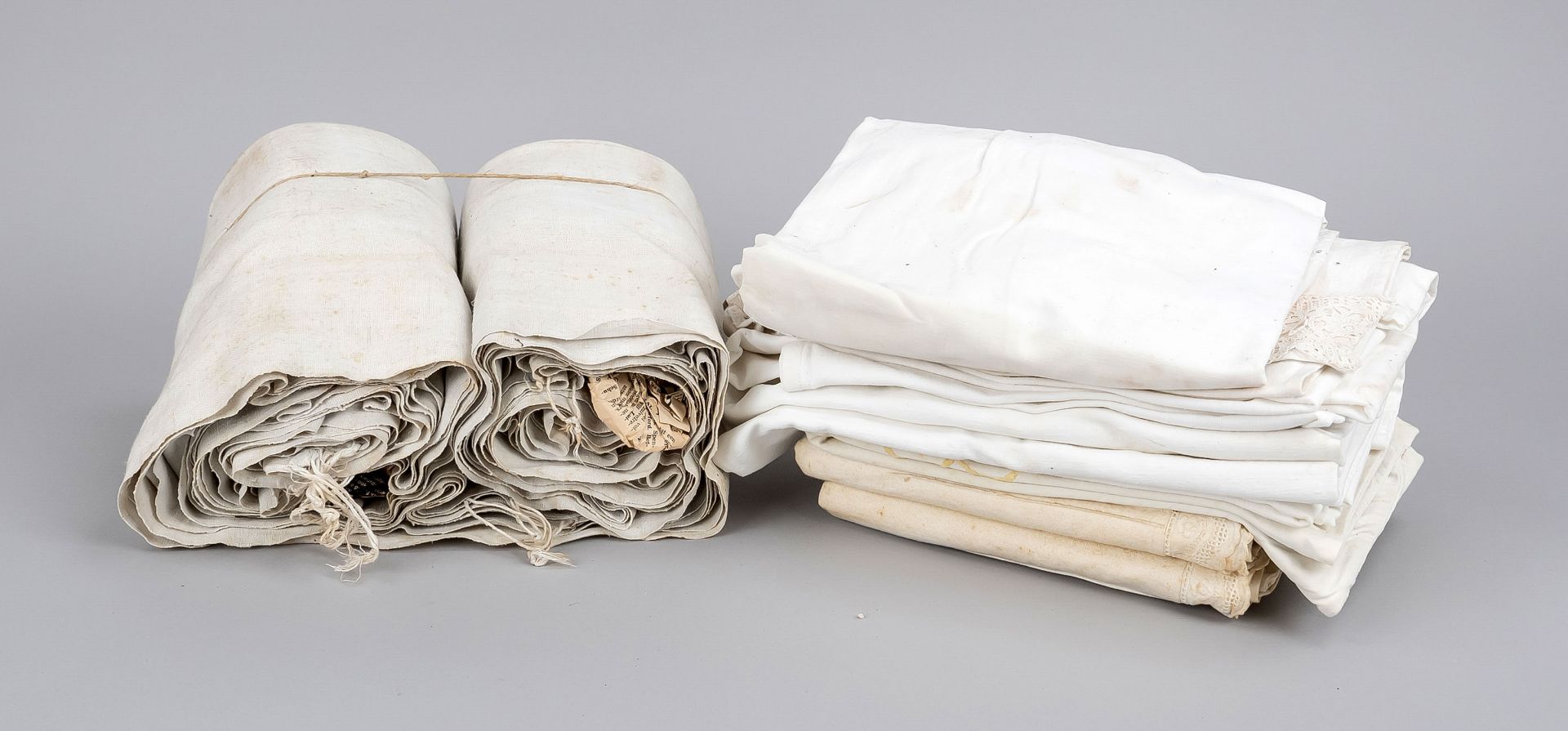 Whole box with old linen cloths, 19th c., all white ware, dimensions box 36 x 46 x 32 cm