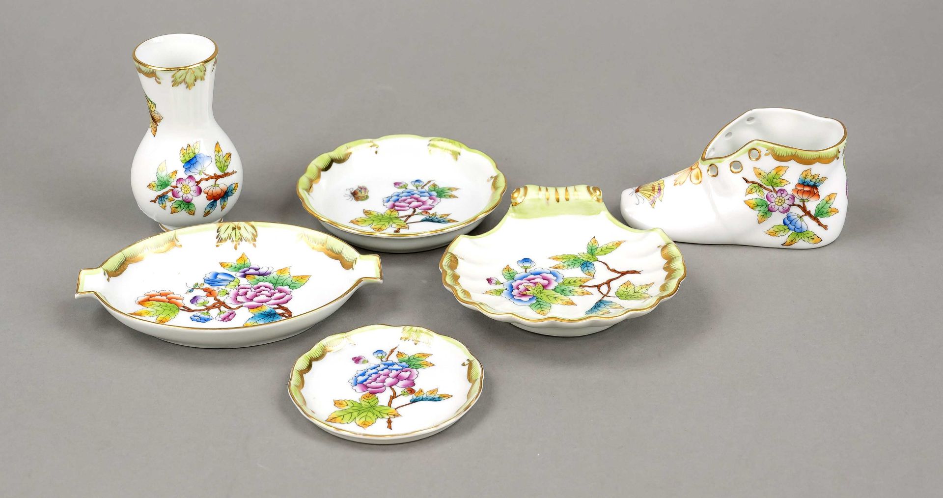 Six ornamental pieces, Herend, Hungary, early 20th century, polychrome painted and ornamental