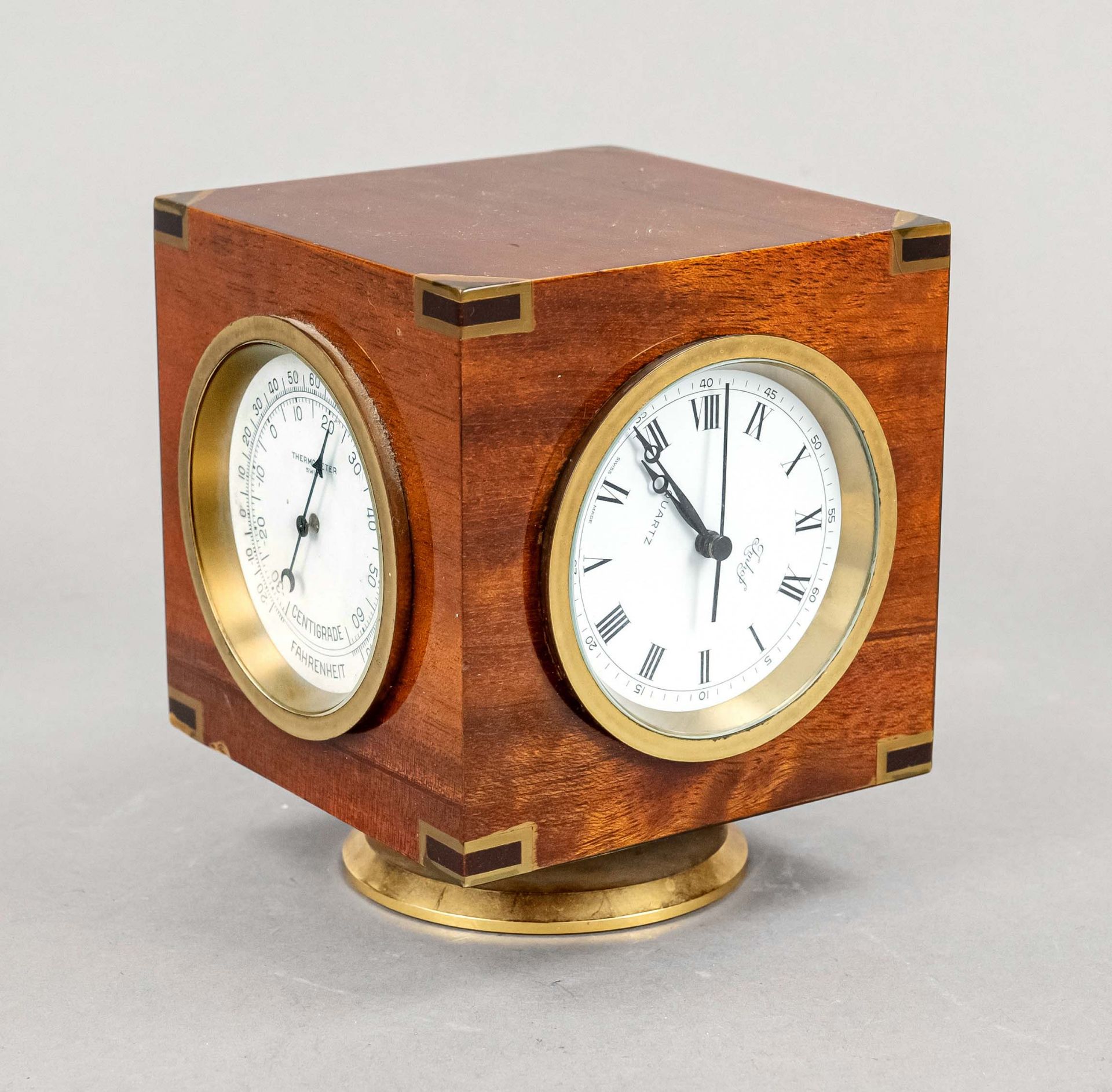 Imhof - table weather station, Switzerland, 20th c., mahogany, brass. Cube shape on base with clock,