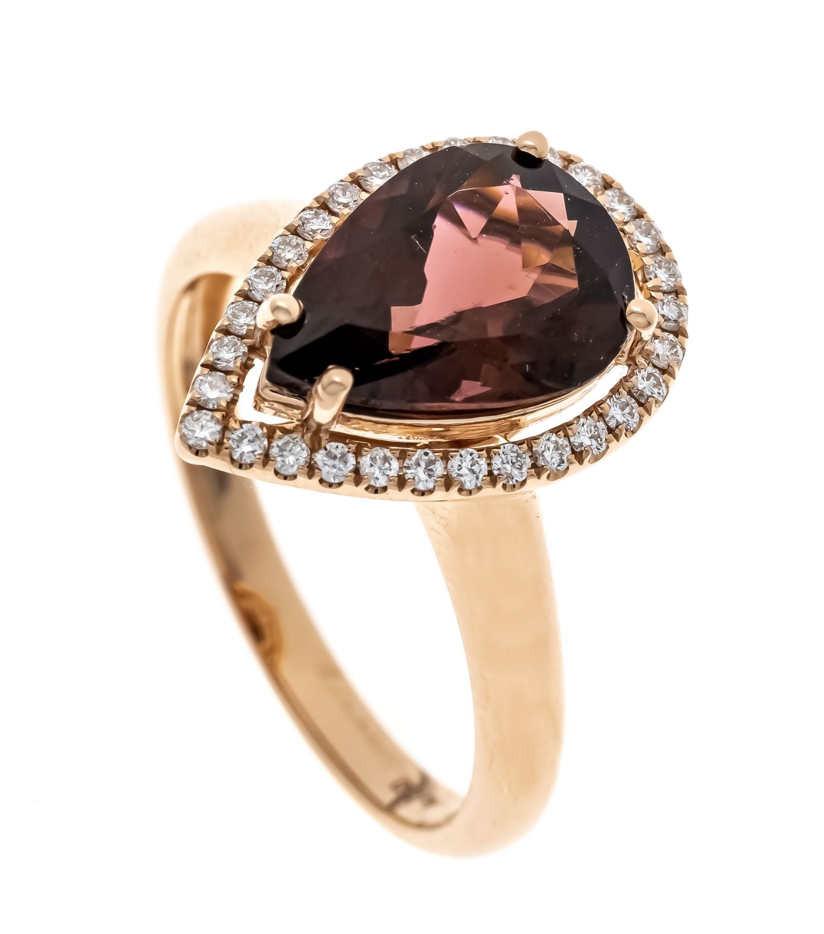 Rubellite brilliant ring RG 750/000 with a drop-shaped faceted rubellite 11.1 x 8.0 mm, brownish