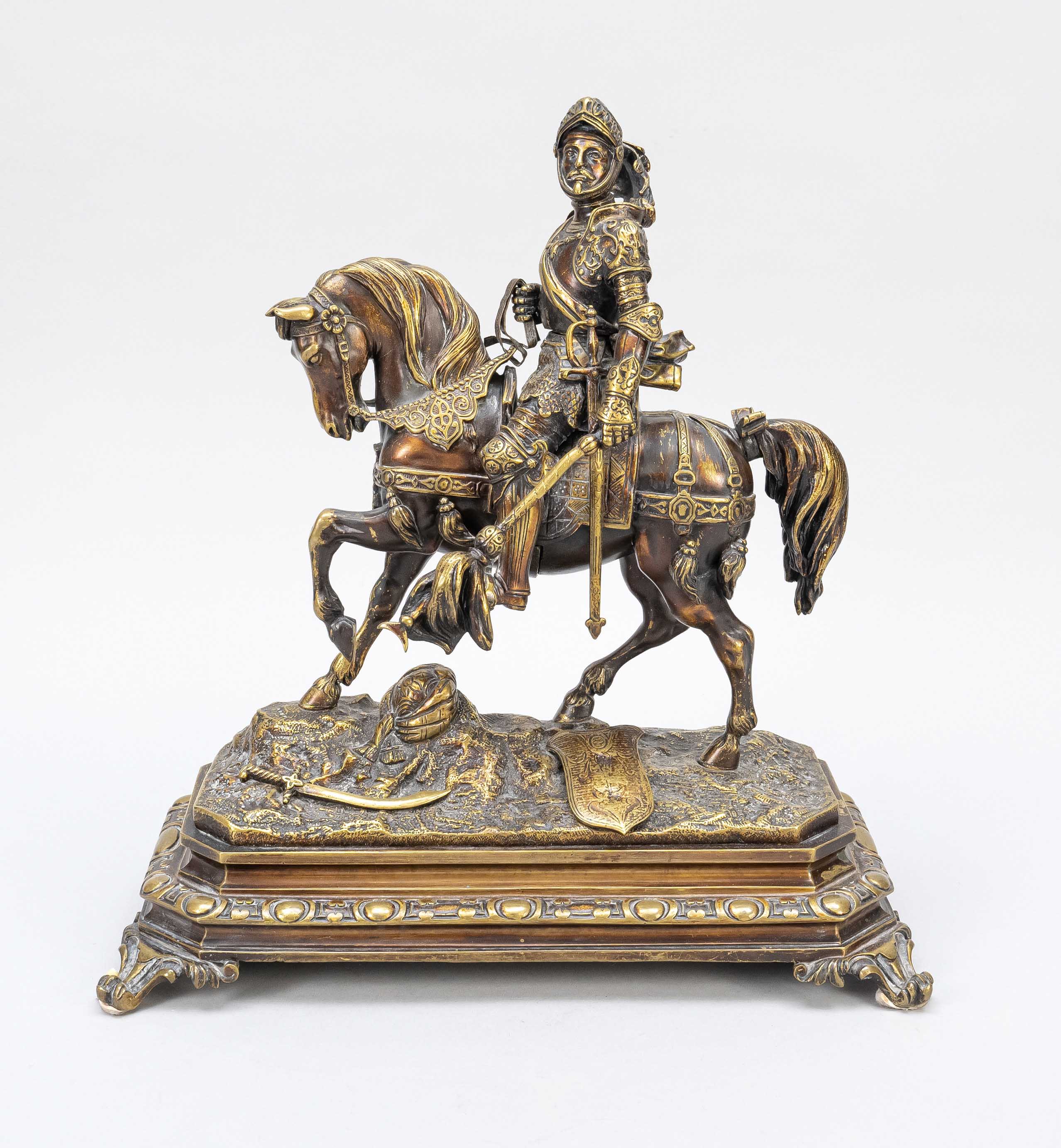 Sculptor end of the 19th century, magnificent statue of a victorious horseman with booty, brown