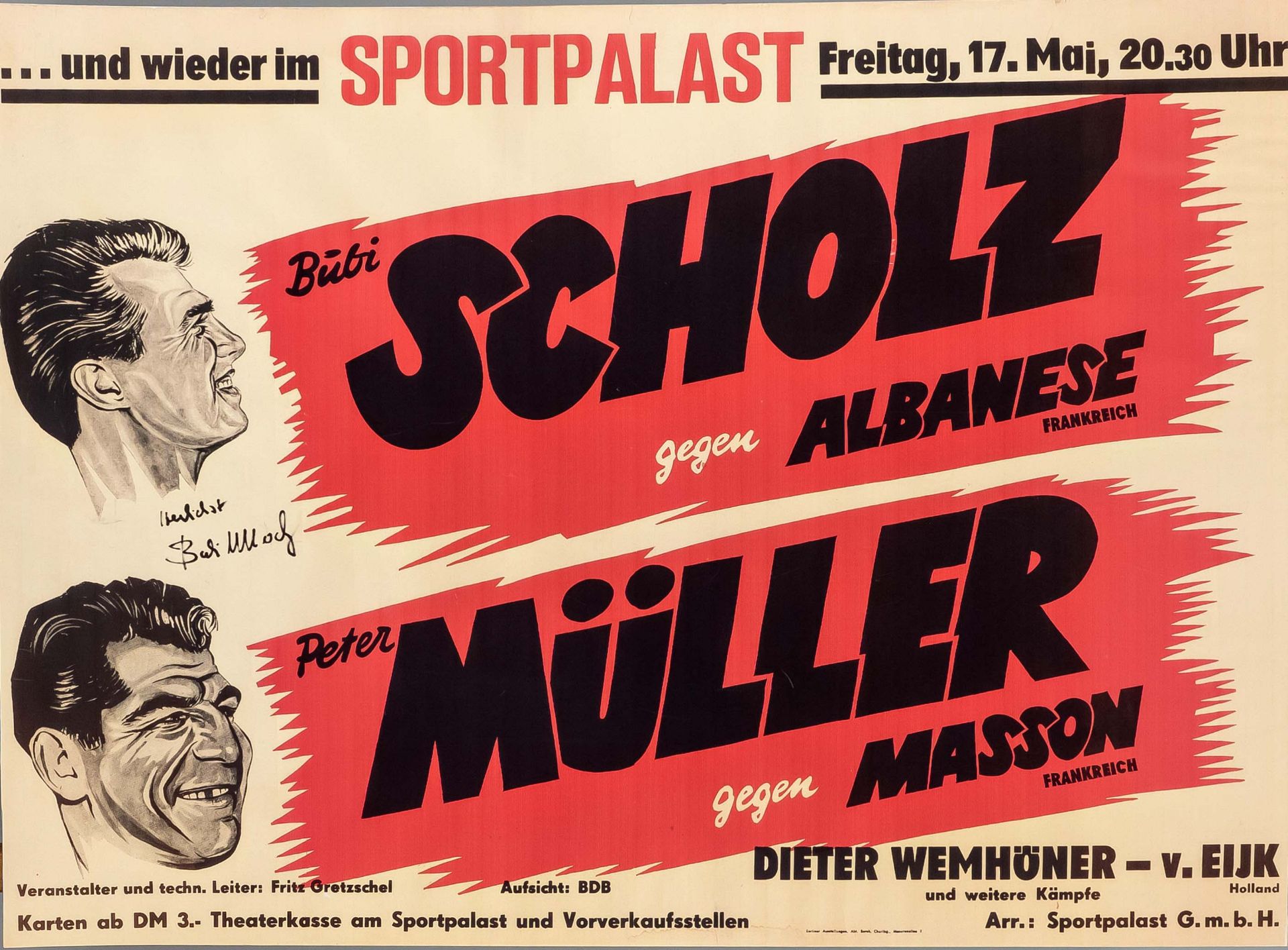 Bubi Scholz - poster signed by his own hand for a boxing match against Albanese in the Berlin