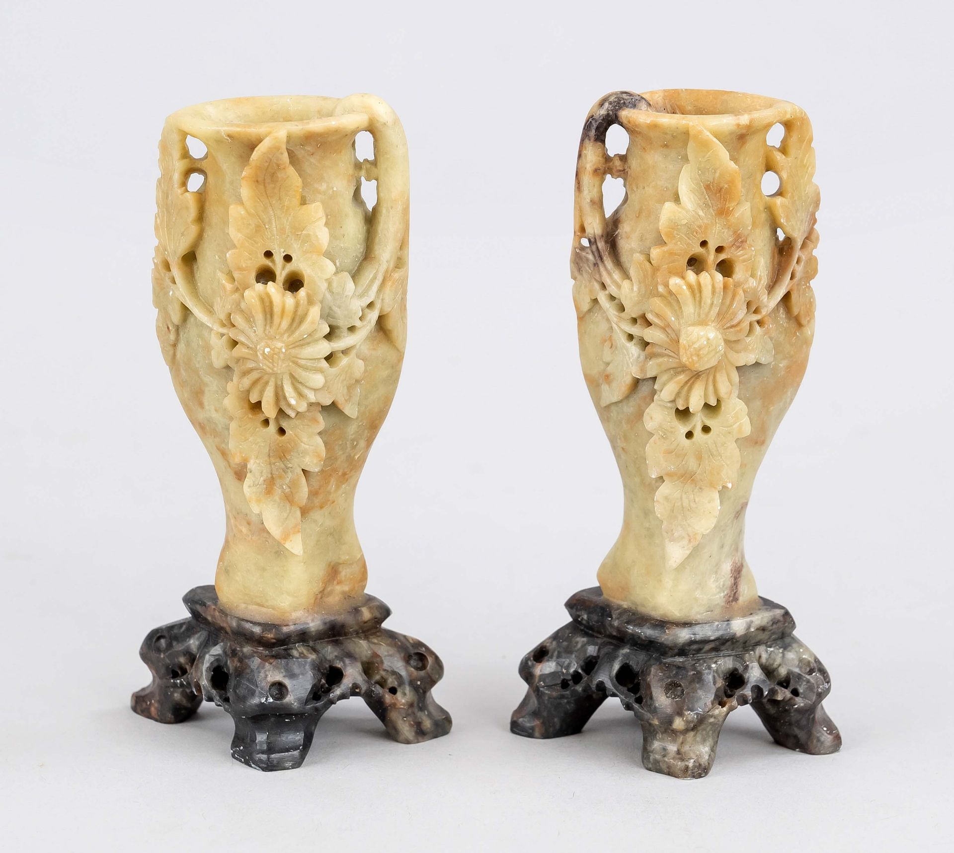 2 soapstone vases with snuffbottle, China, 20th c., 2 small vases dressed with chrysanthemum heads