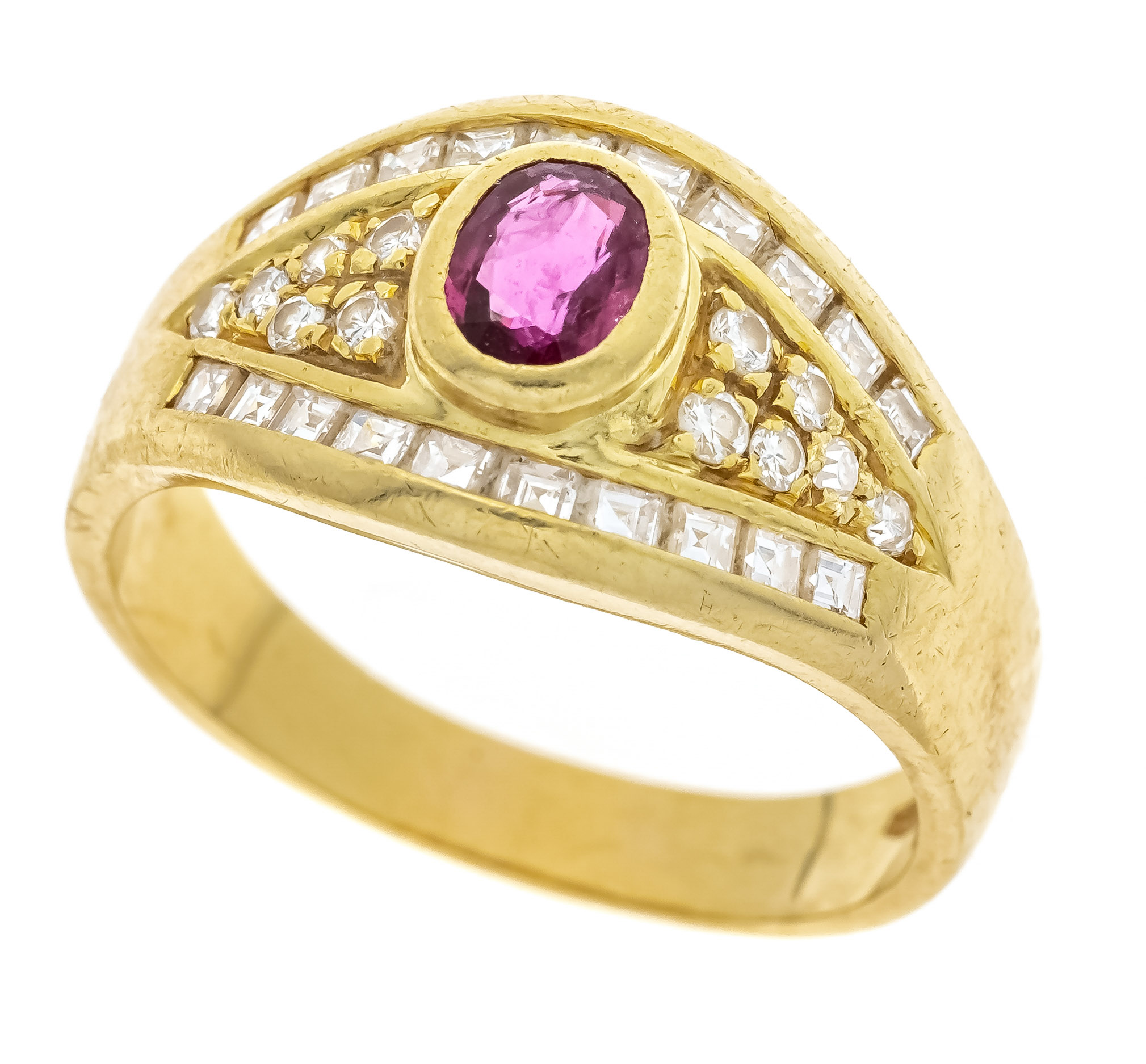 Ruby-brilliant ring GG 750/000 with one oval faceted ruby 4,8 x 3,9 mm, l.bluish red, transparent