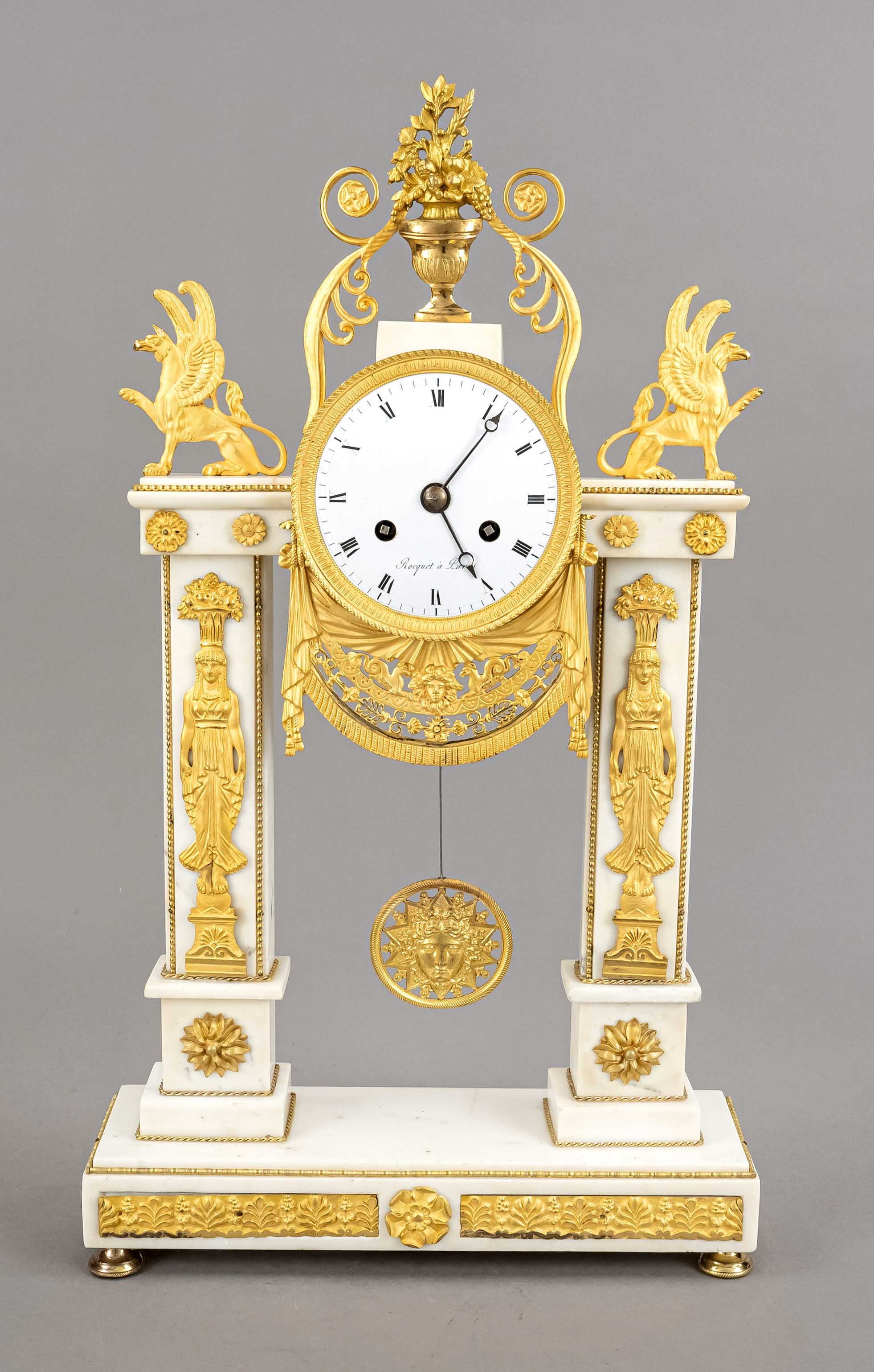 French portal clock with sun pendulum, 1st h. 19th c., white marble, rich fire gilded bronze