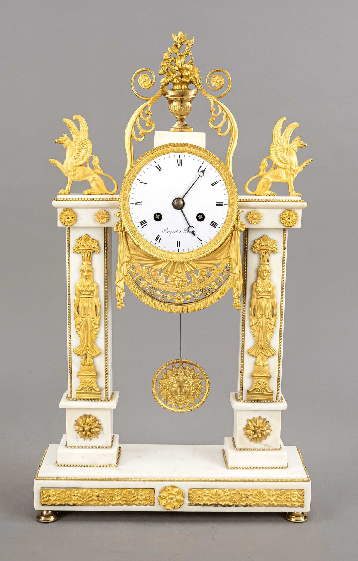 French portal clock with sun pendulum, 1st h. 19th c., white marble, rich fire gilded bronze