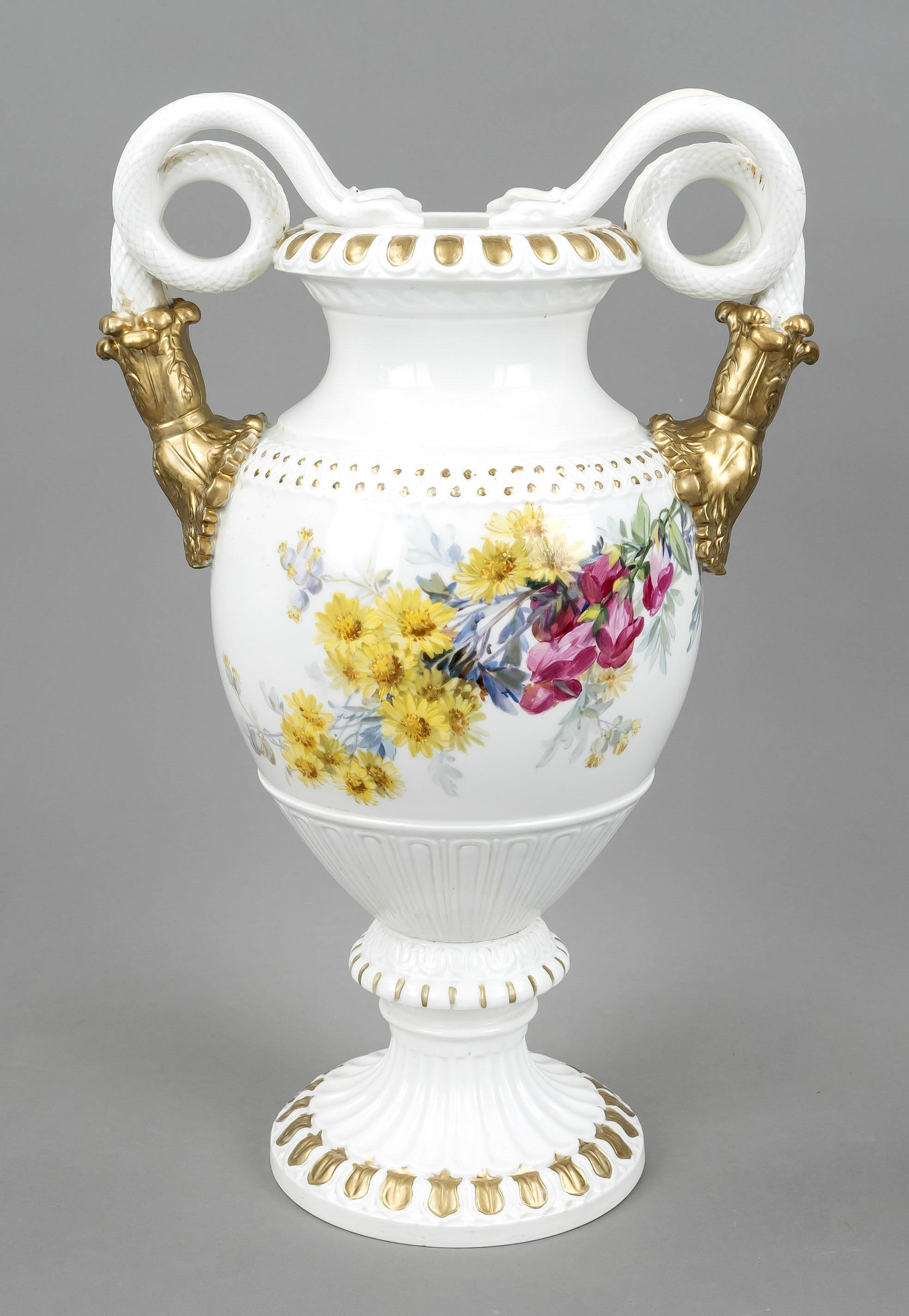 Large snake-handled vase, Meissen, Knaufschwerter 1850-1924, 2nd choice, amphora form with side