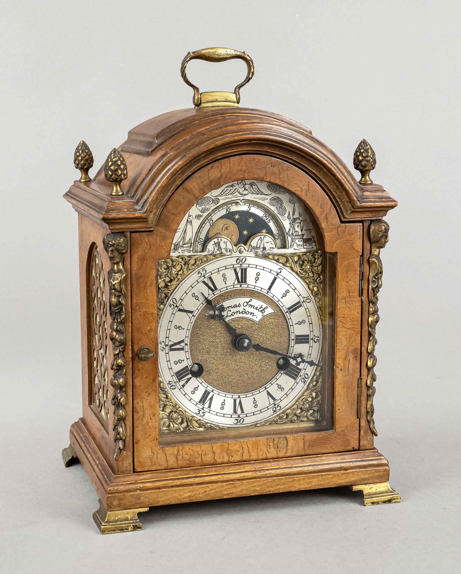 Table clock marked Thomas Smith London, 2nd half 19th c., burl wood, floral engraved brass dial with