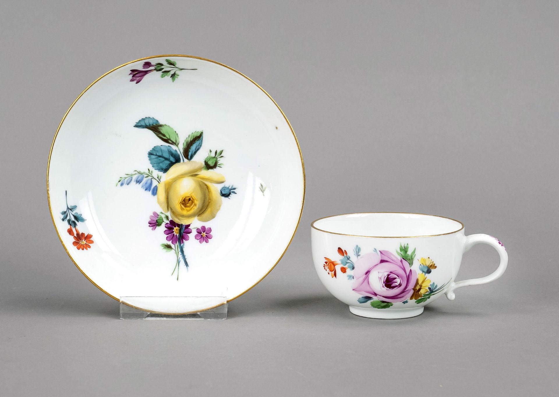 Tea cup and saucer, Meissen, Marcolini mark 1774-1817, hemispherical shape with ear handle,