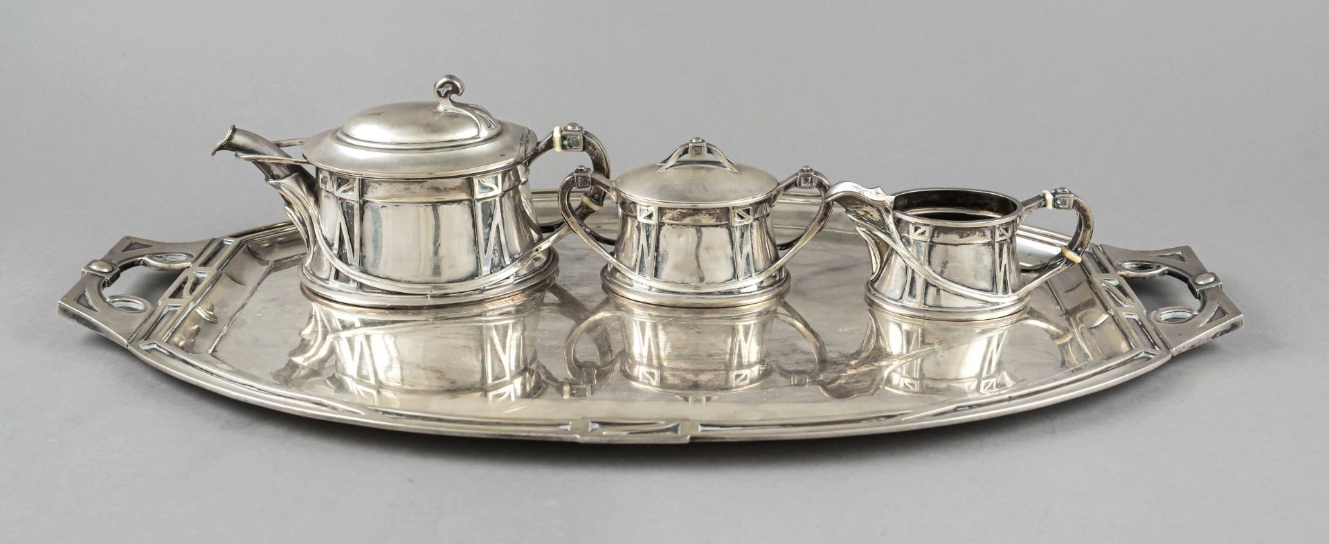 Three-piece Art Nouveau tea centerpiece on large tray, Austria, c. 1900, maker's mark Vincenz Carl