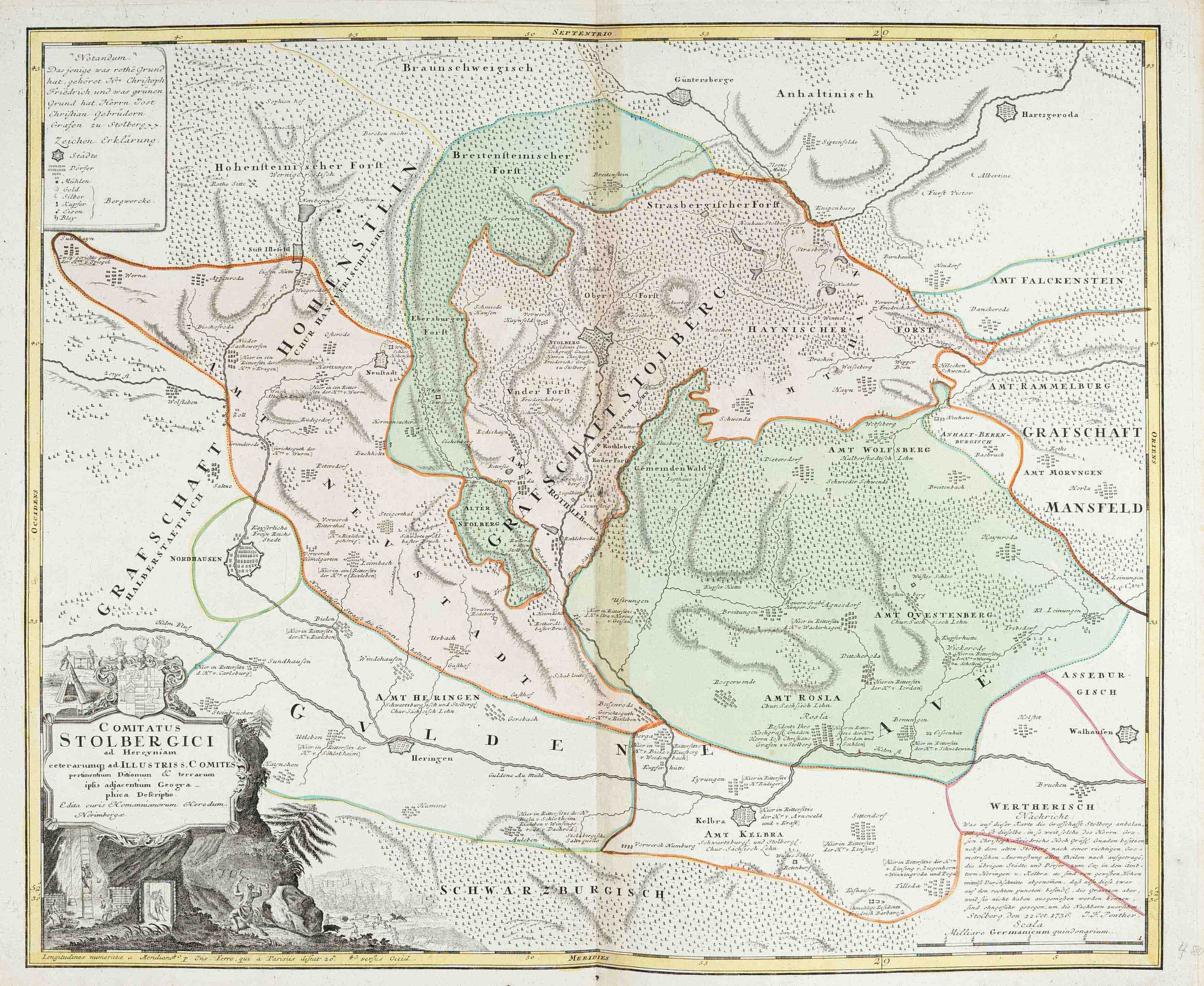 Historical map of Stolberg, ''Comitatus Stolbergici...'', part col. Copper engraving about 1710 with