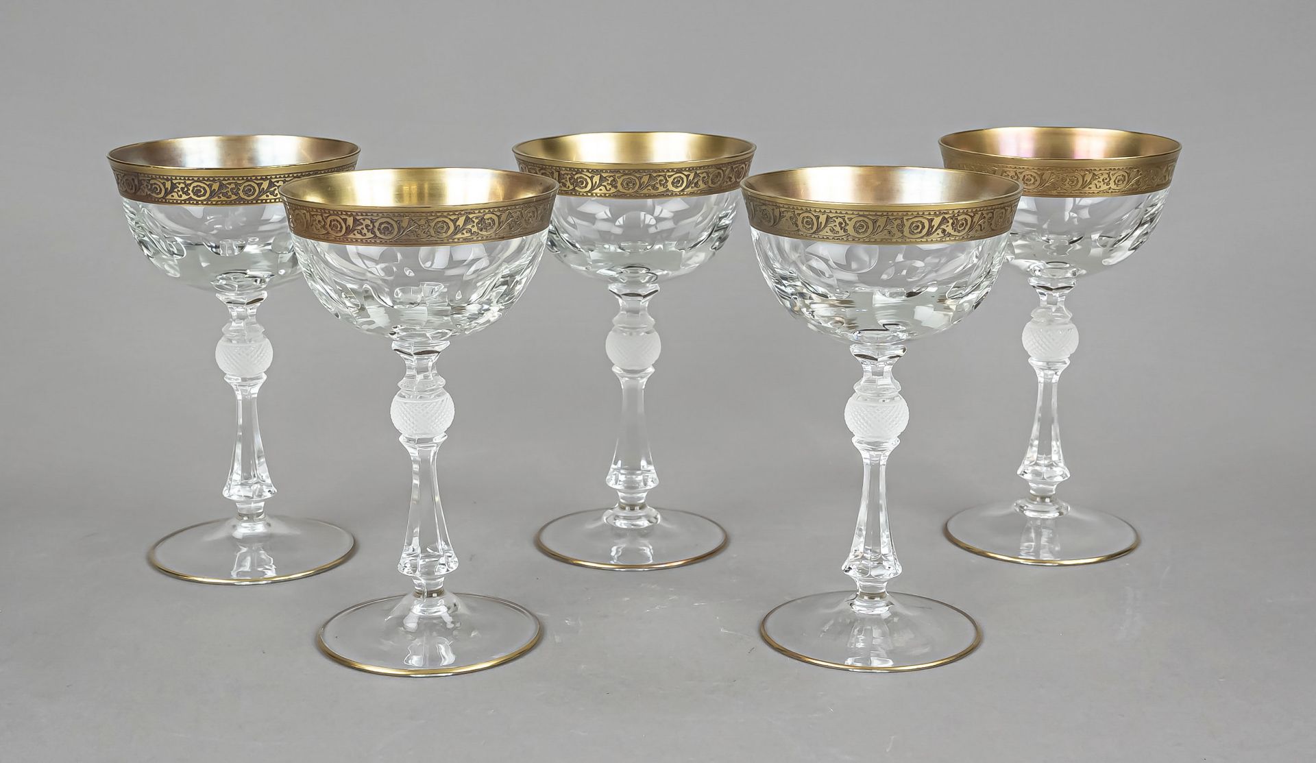 Five champagne bowls, probably Moser, unmarked, round disc stand, baluster stem, olive cut dome,