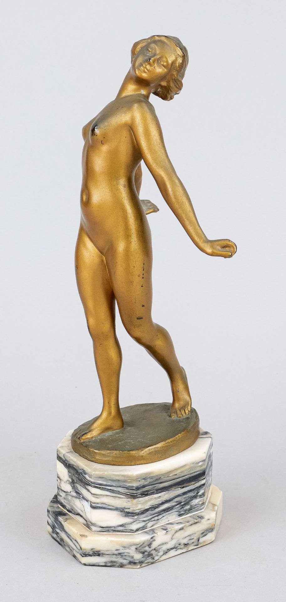 Sculptor early 20th century, Art Nouveau girl, striding female nude with closed eyes, gilt bronze on