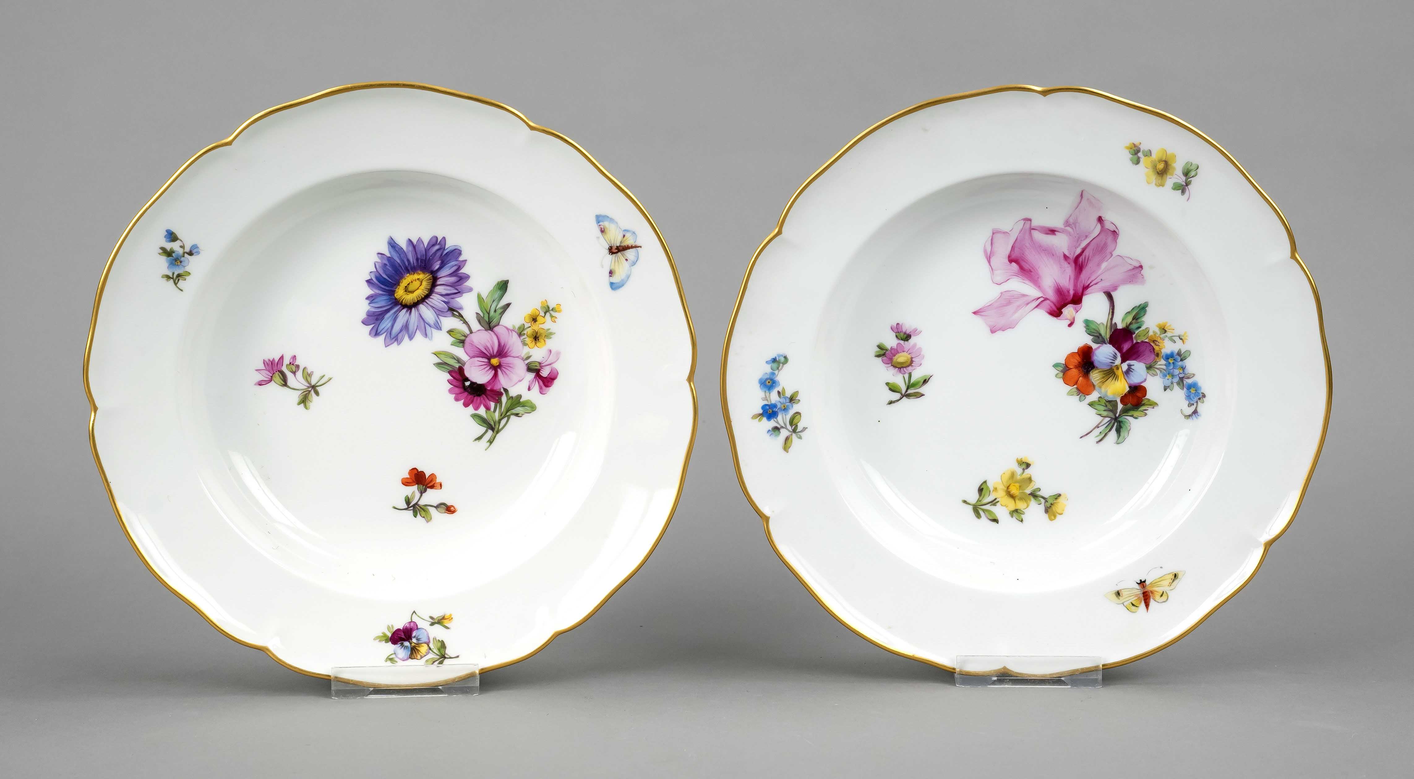 Two plates, KPM Berlin, marks before 1945, 2nd choice, polychrome house painting with flowers and