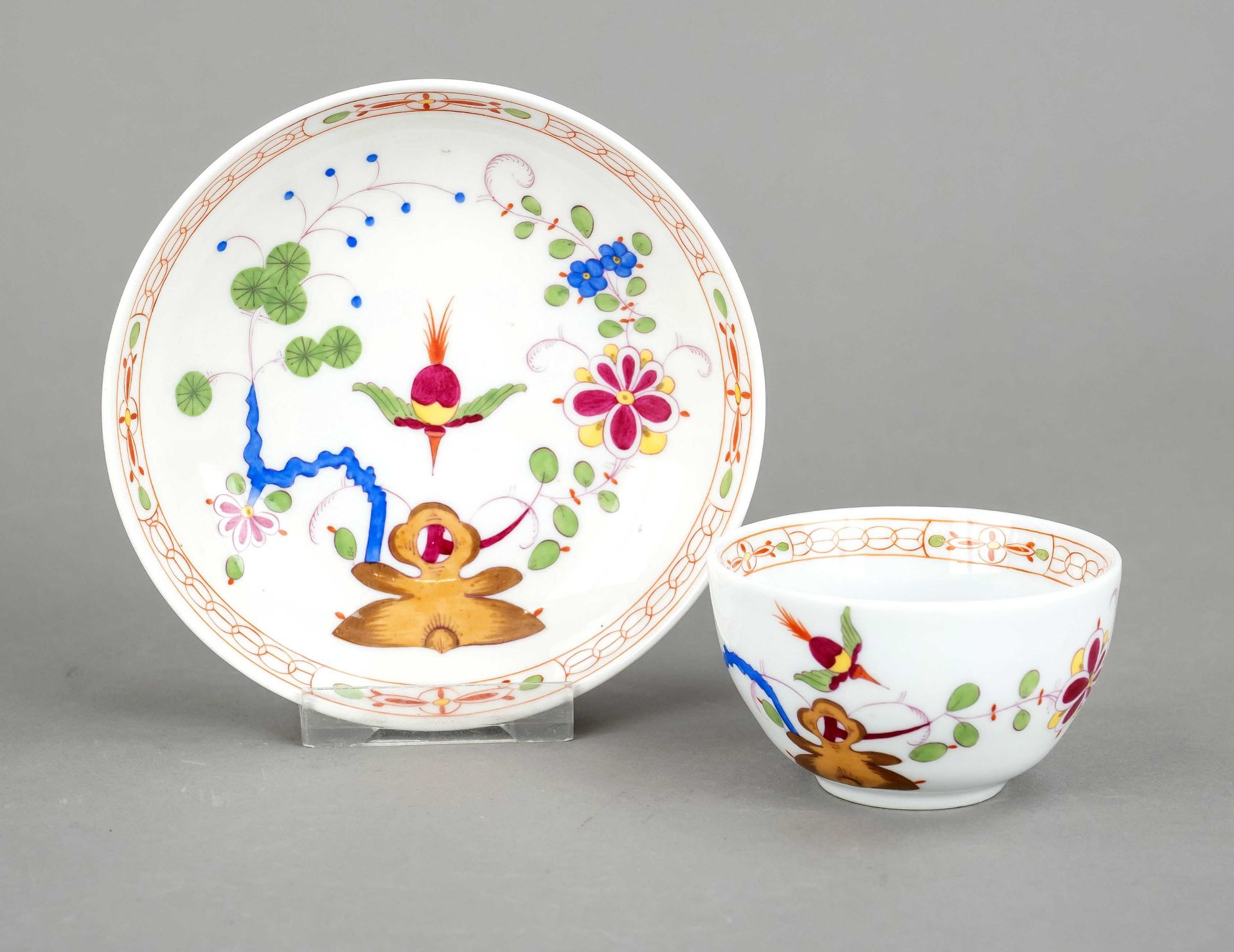 Cup and saucer, Meissen, 19th century, 1st and 2nd w., hemispherical shape with angular handle,