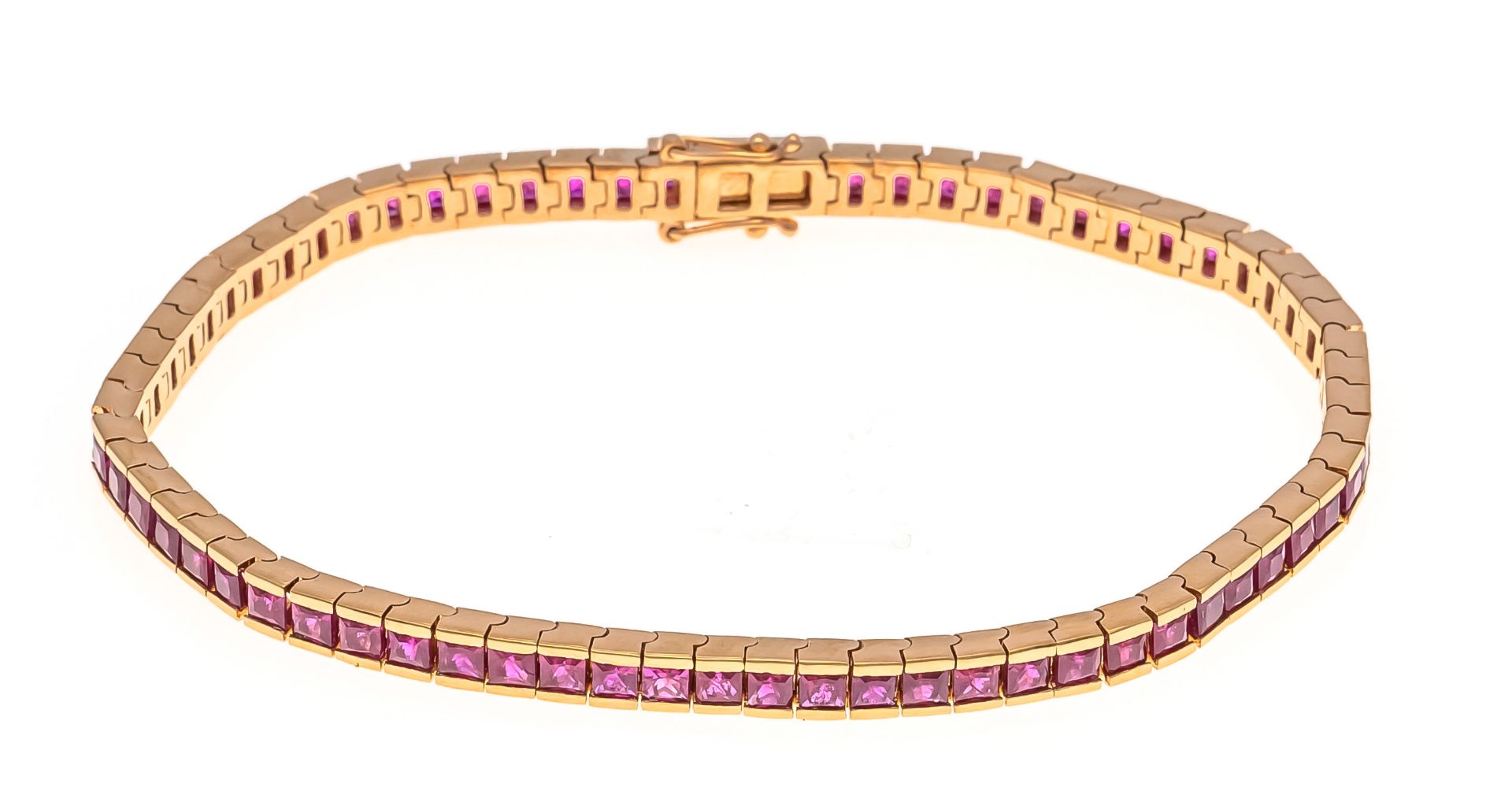 Ruby riviére bracelet RG 750/000 with 68 faceted ruby carrées 2.4 mm, total 6.12 ct strong darker