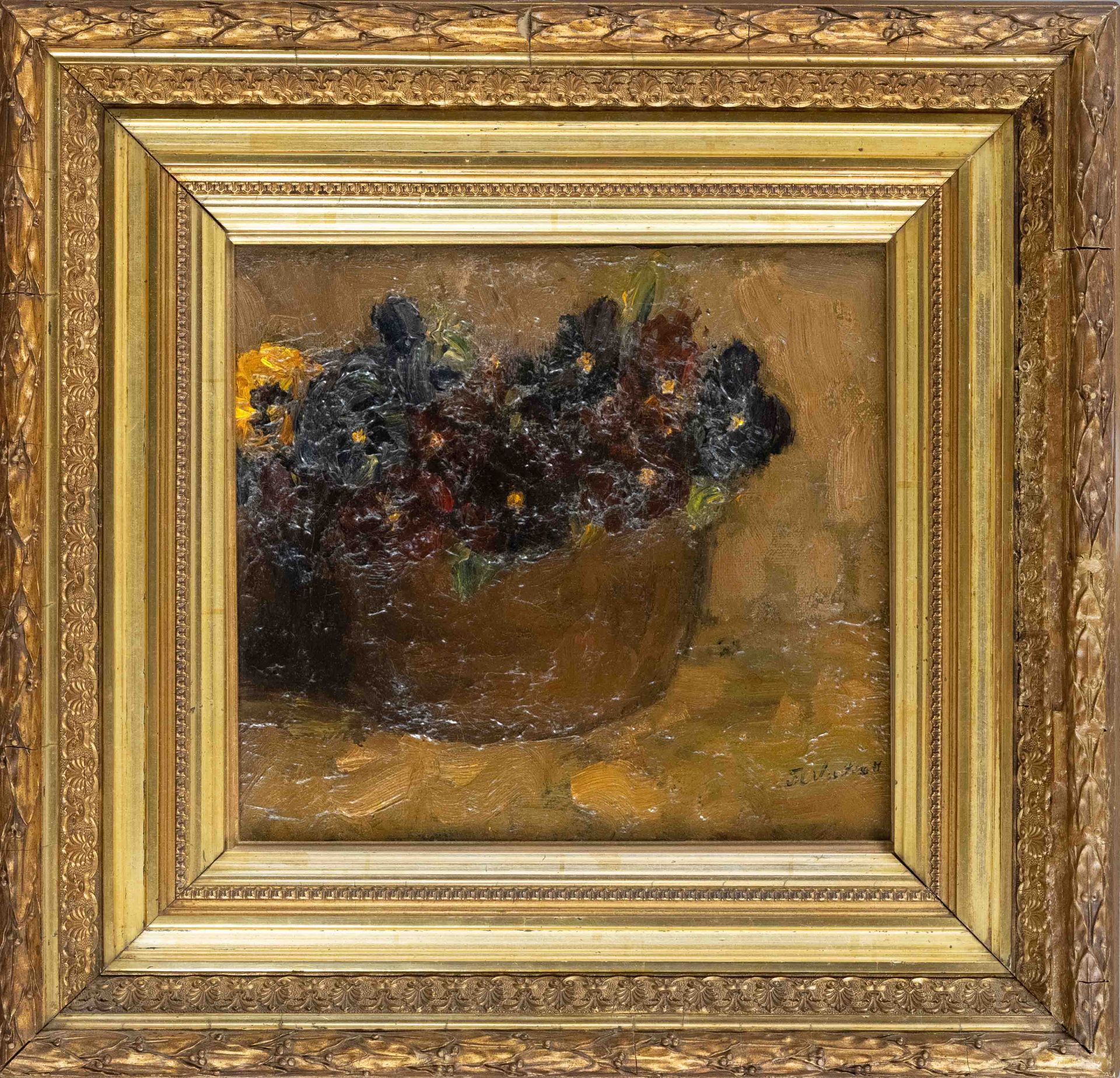 Unidentified painter late 19th c., Flower basket, impressionistic still life in oil on canvas,