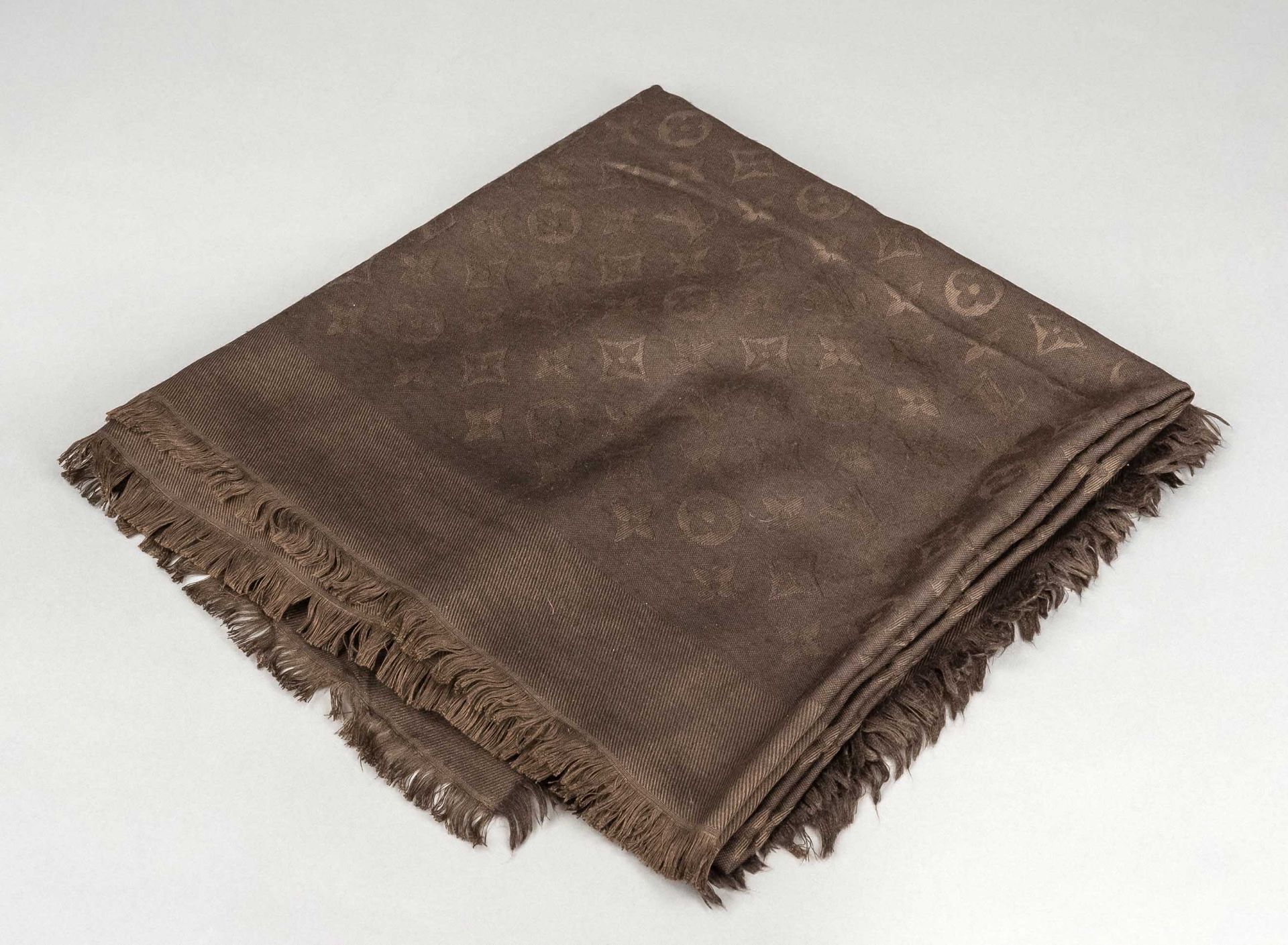 Louis Vuitton, Monogram Chocolat scarf, blended fabric of silk and wool, fringed hem all around,