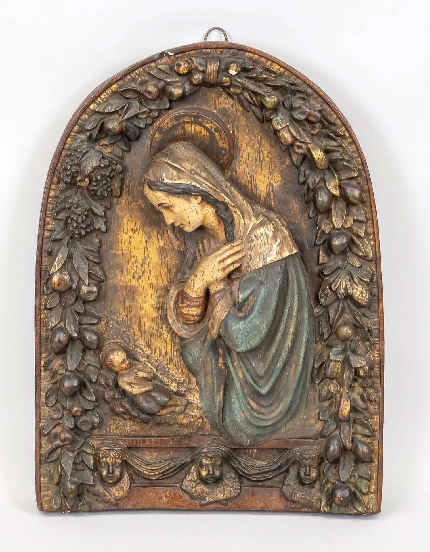 Devotional picture Mary with child, 19th/20th century, relief carving polychrome painted, slightly