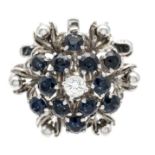Sapphire-brilliant pendant/brooch WG 750/000 with round faceted sapphires 3,5 mm and one diamond 0,