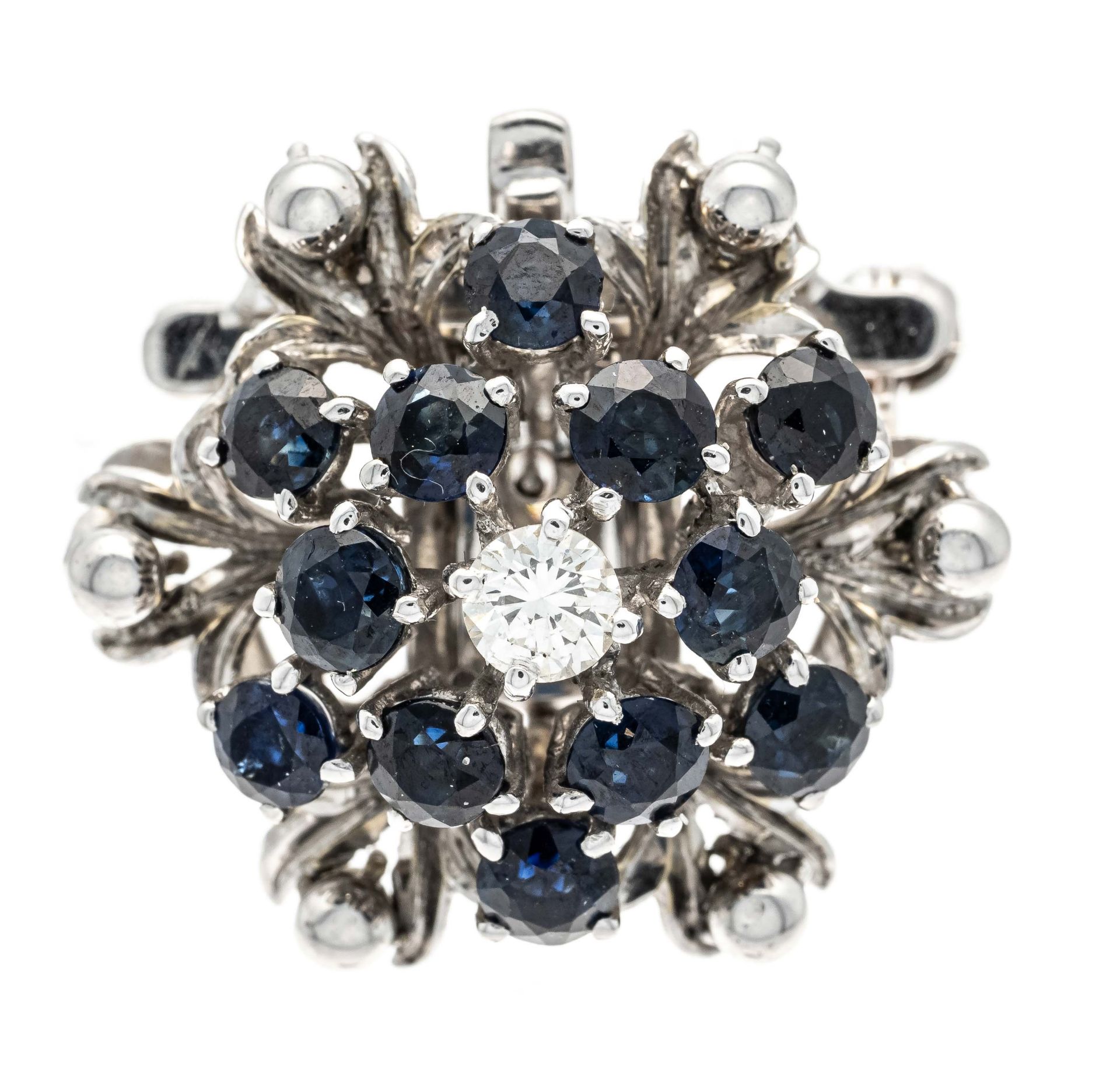 Sapphire-brilliant pendant/brooch WG 750/000 with round faceted sapphires 3,5 mm and one diamond 0,
