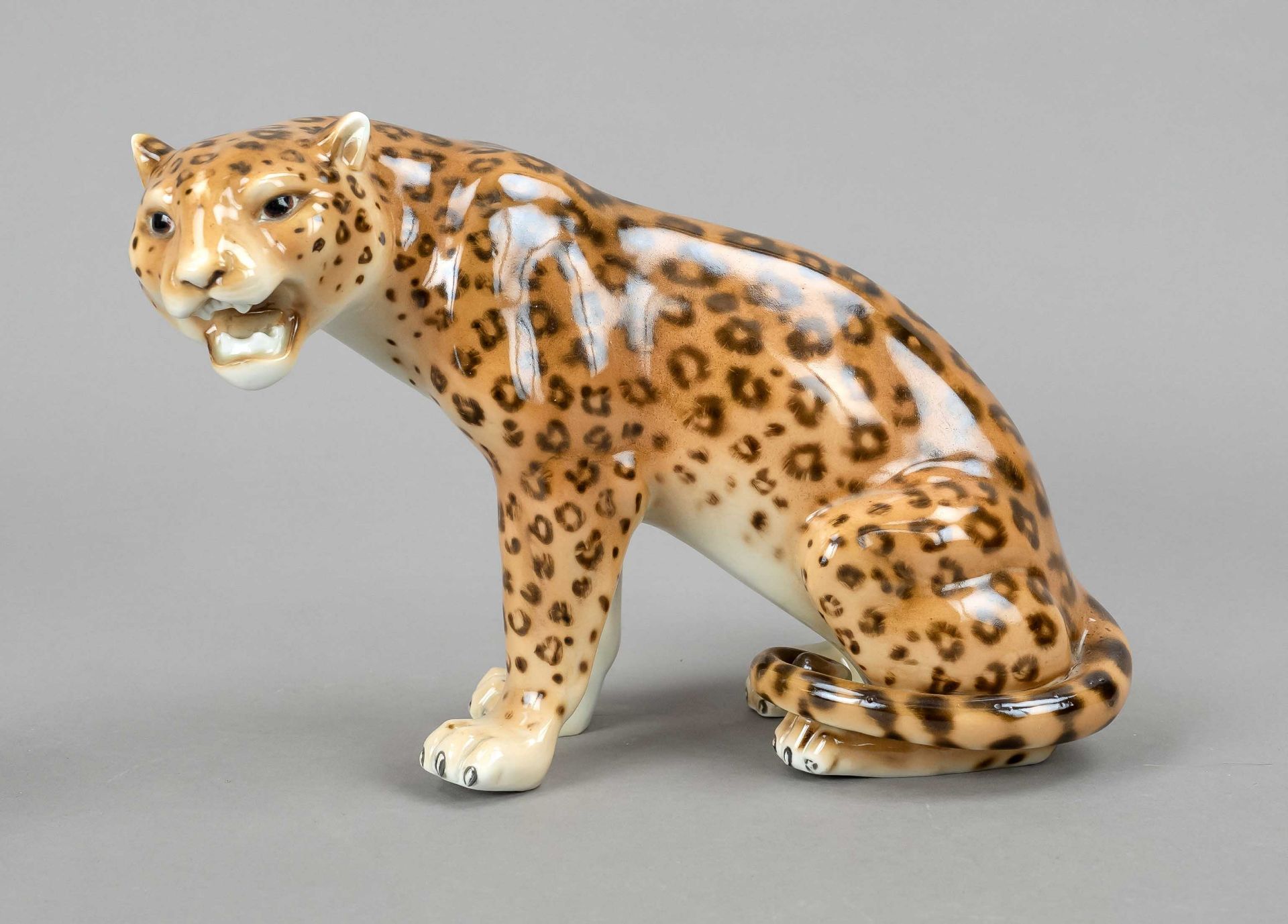 Sitting leopard, Goebel, Oeslau, 20th c., from the series 'Serengeti', ceramic, polychrome painted