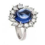 Sapphire diamond ring WG 750/000 with an oval sapphire cabochon approx. 4.50 ct fine luminous