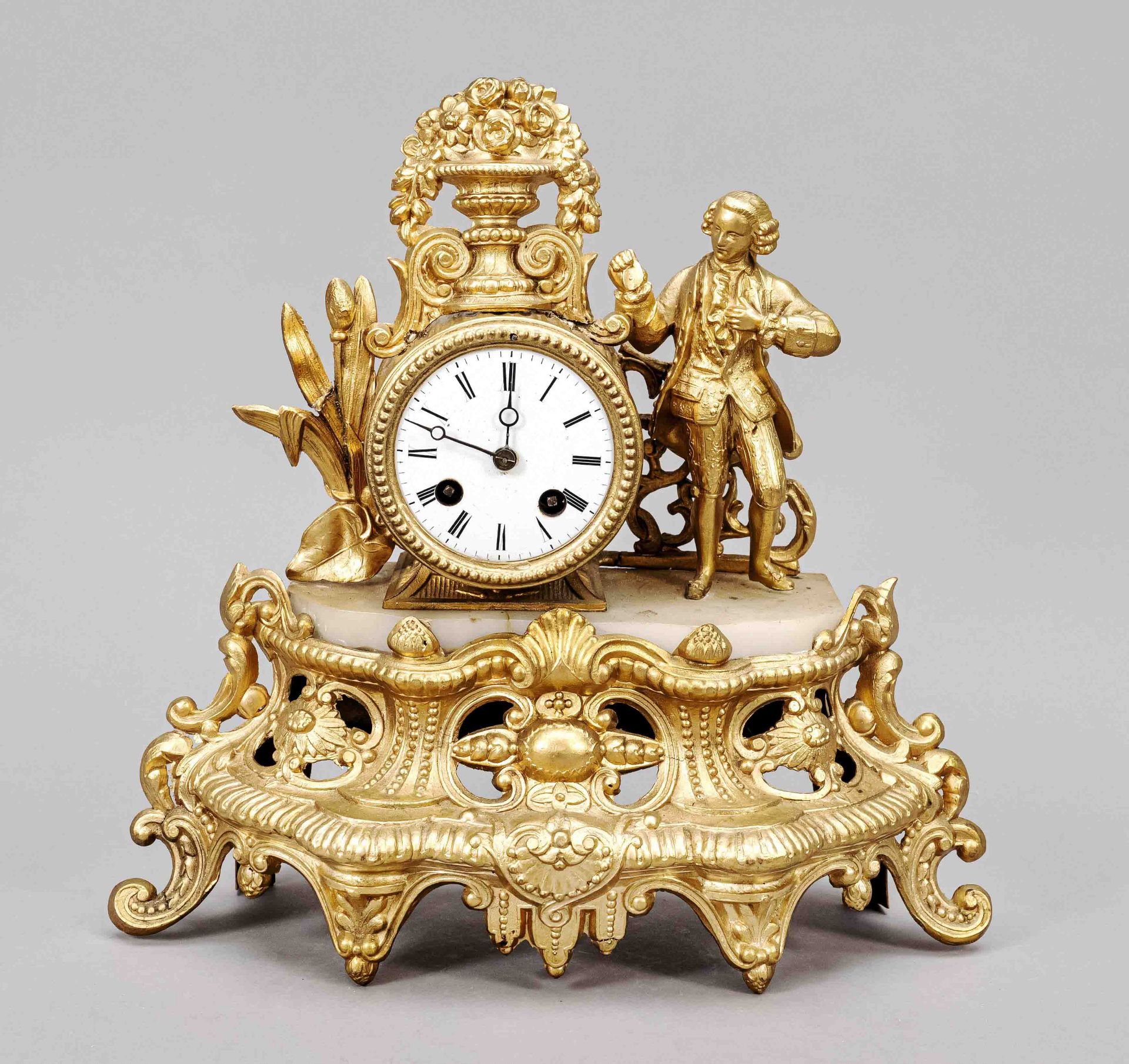 french. Pendulum, color gilded, 2nd half of 19th century, young man at clock drum, crowned with rose