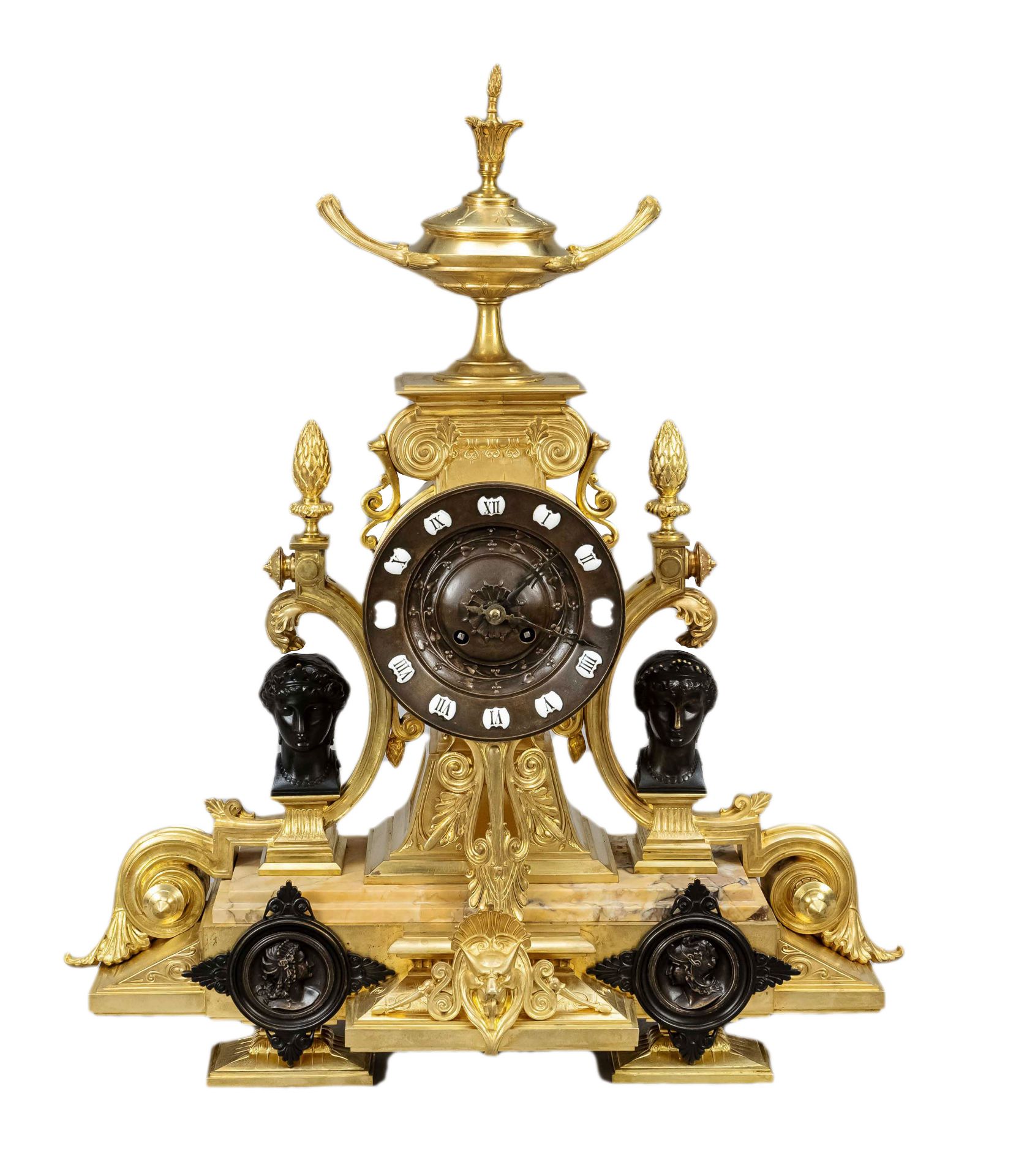 Large pendulum, 2nd half of the 19th century, beige marble and fire-gilded cast brass, with