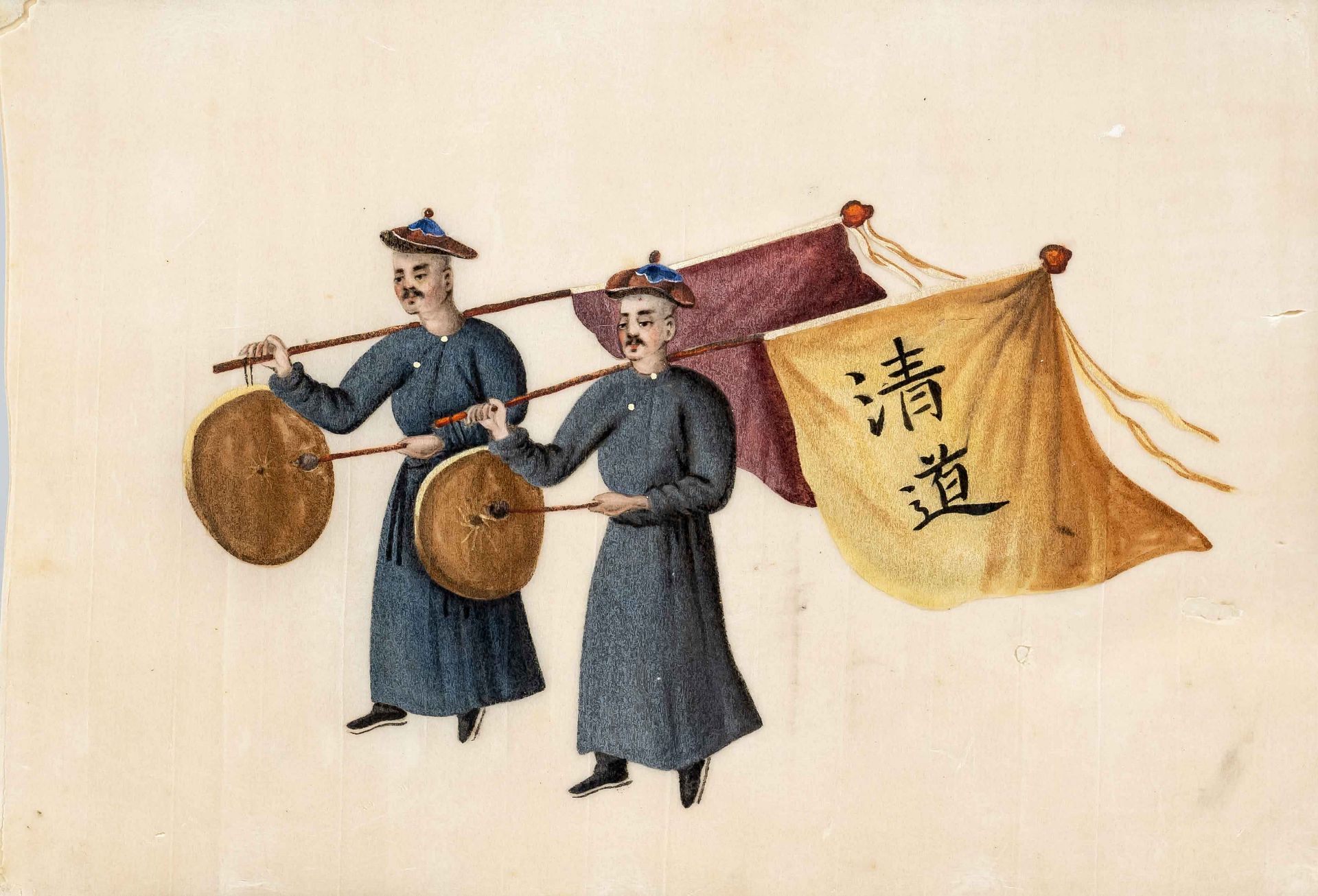 ''The gong beaters of Qingdao'', China, Qing dynasty(1644-1911), gouache on rice paper, doubled, two