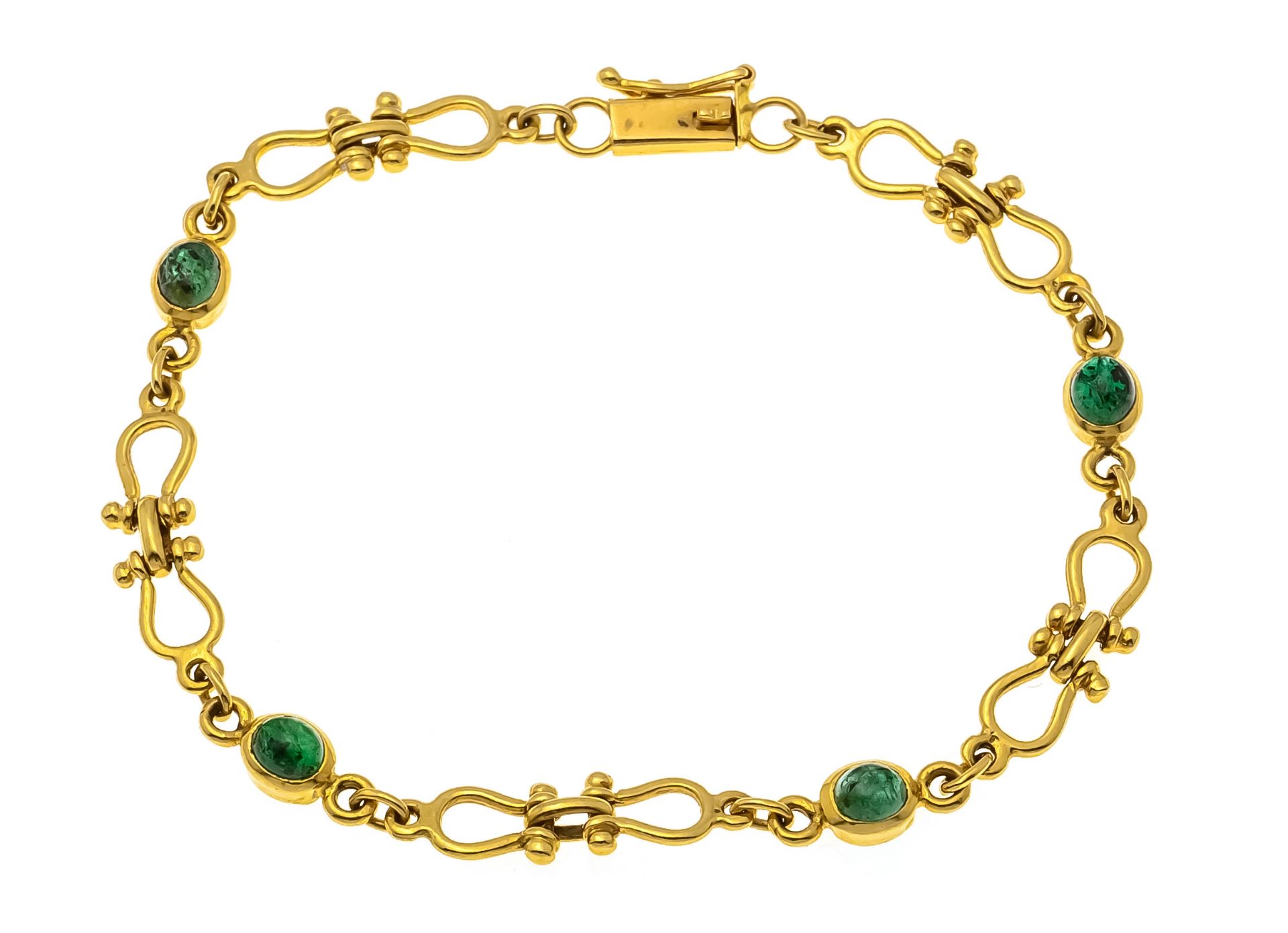 Emerald bracelet GG 750/000 with 4 oval emerald cabochons 4,3 x 3,8 mm, green, translucent, bumped