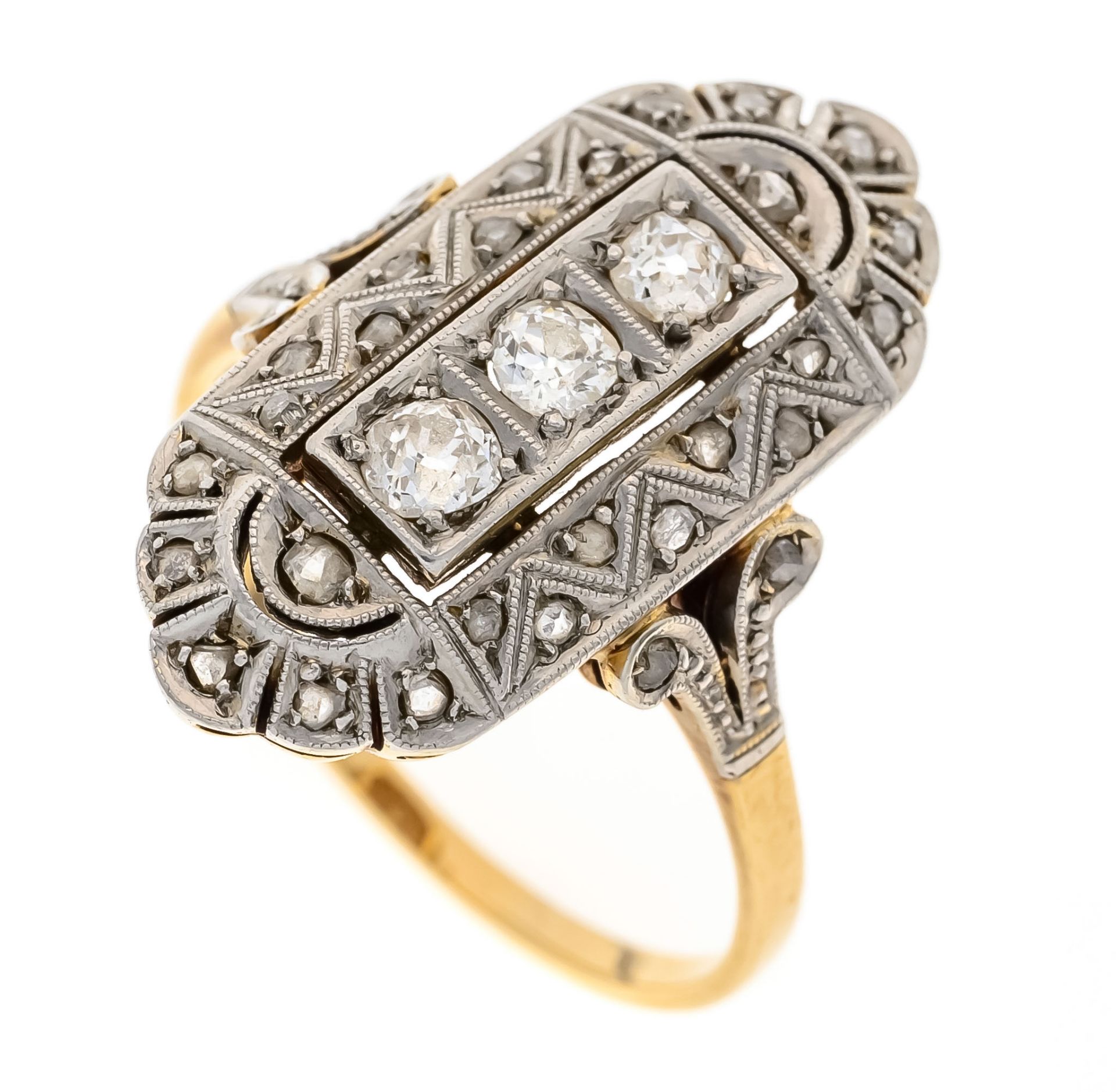 Art Deco shuttle ring GG/WG 585/000 with 3 old cut diamonds, add. 0,17 ct W/SI and 30 diamond