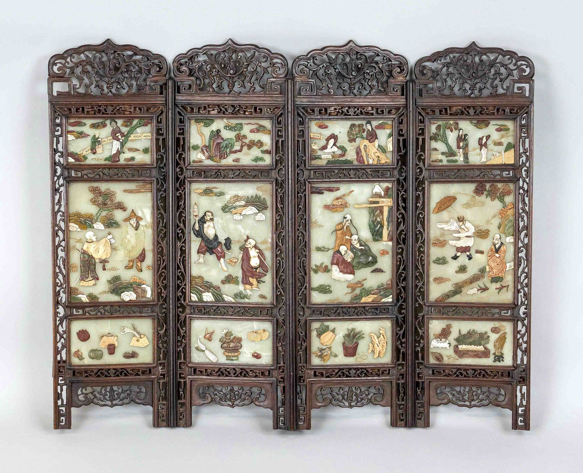 4-piece folding screen, China, 19th/20th c., wood with jade-like mineral plates and numerous