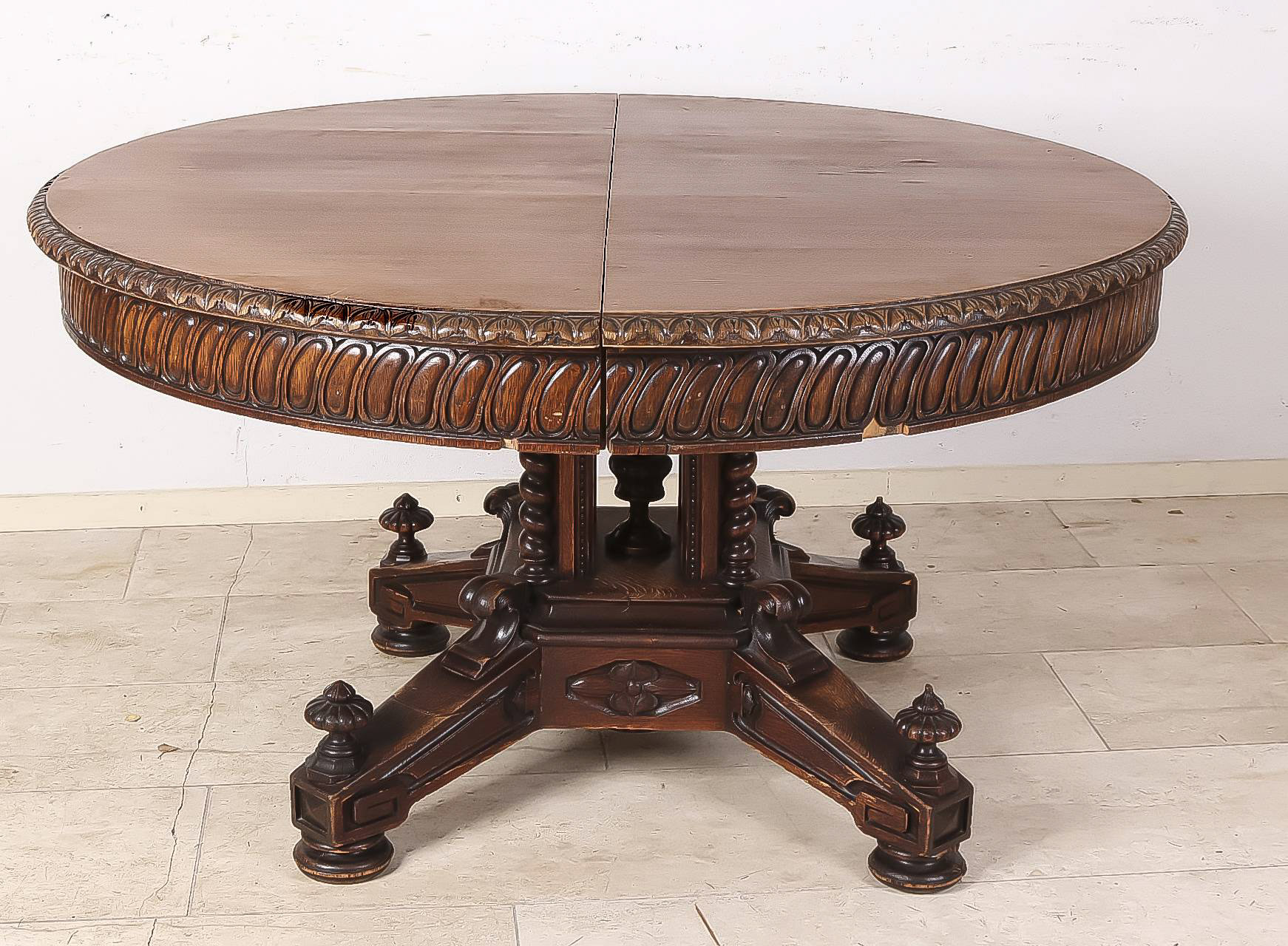 Historism extending table around 1900, solid oak, typical carving and turning work of the time, h.